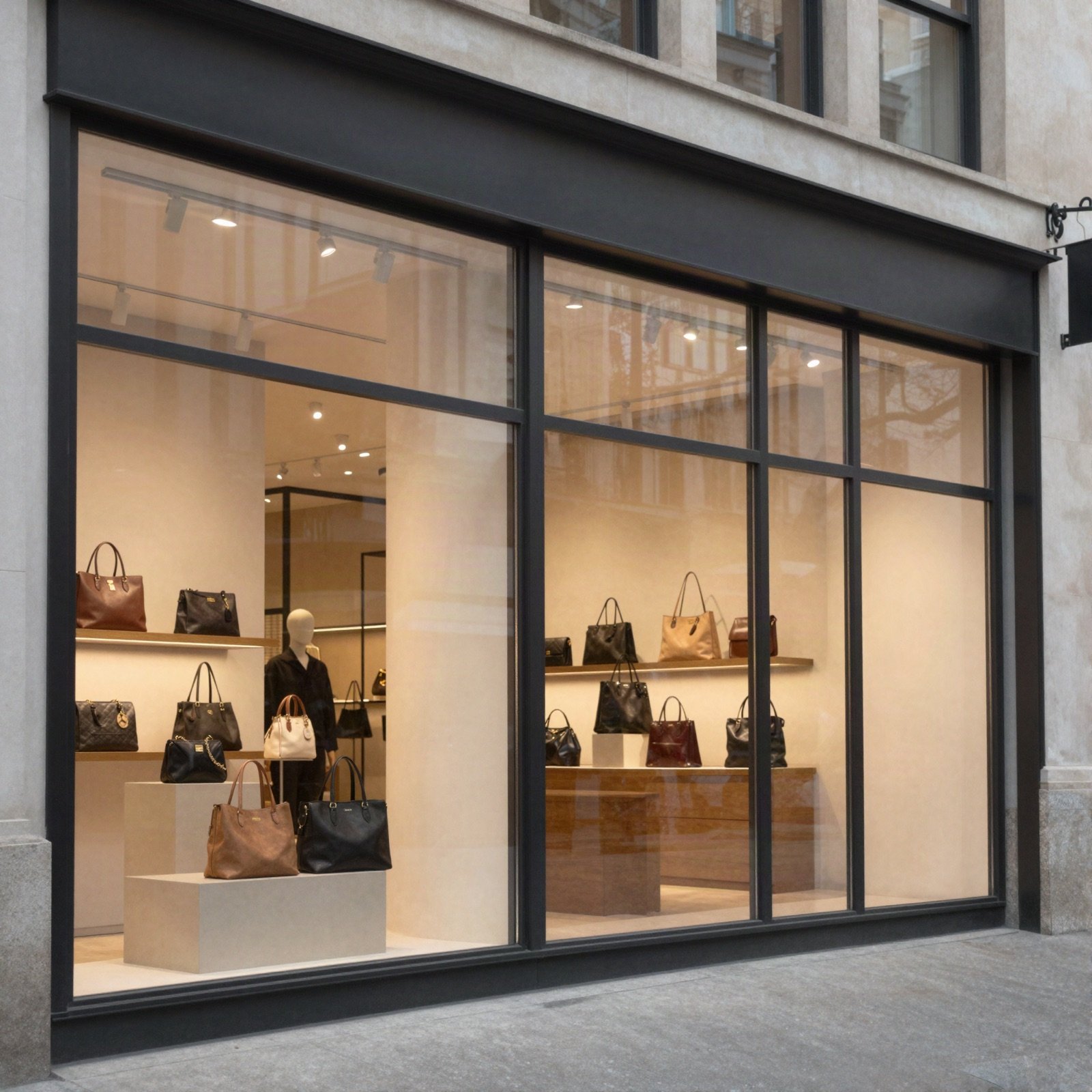 A boutique storefront with handbags on display behind tall windows