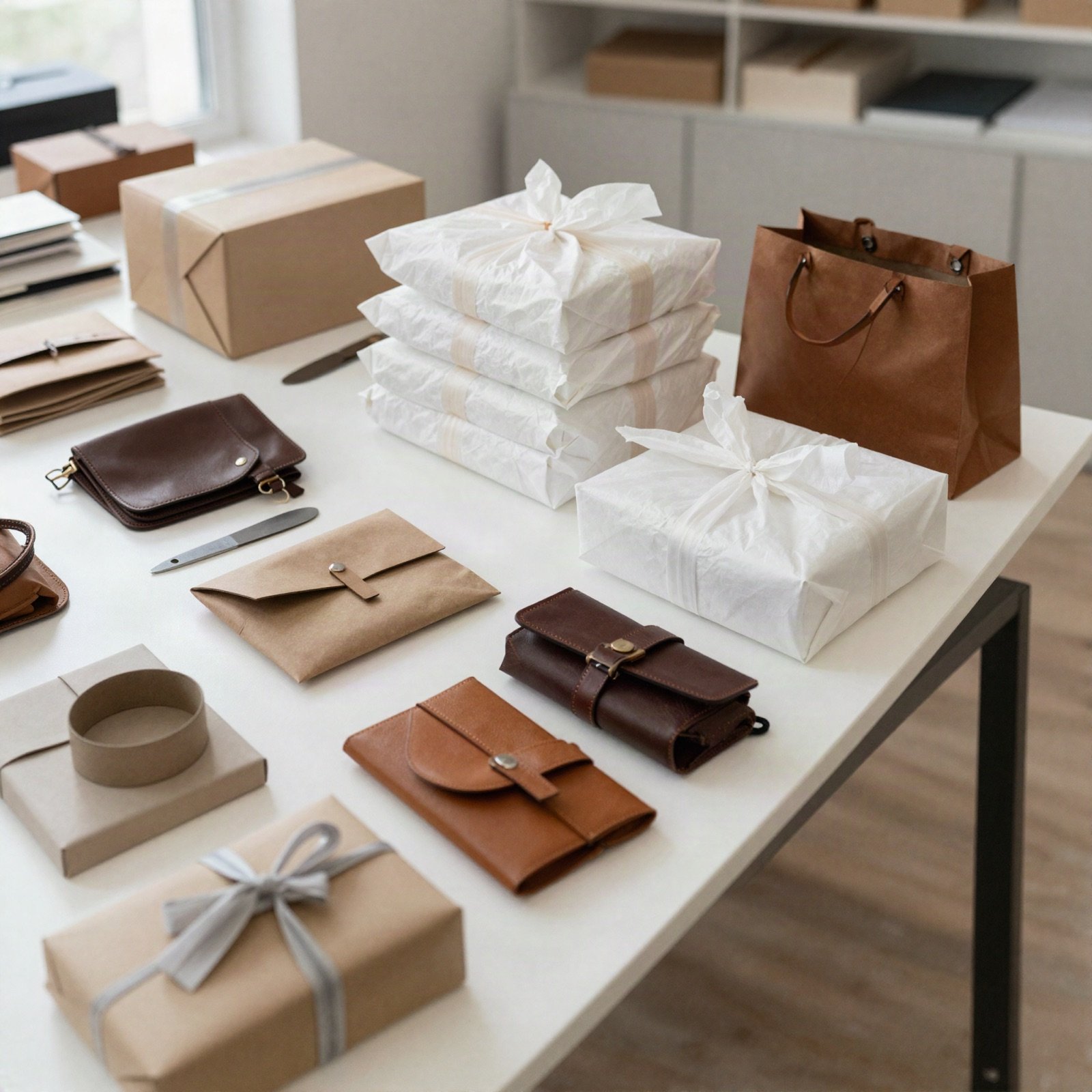 A packing table with wrapped parcels and leather accessories ready to ship