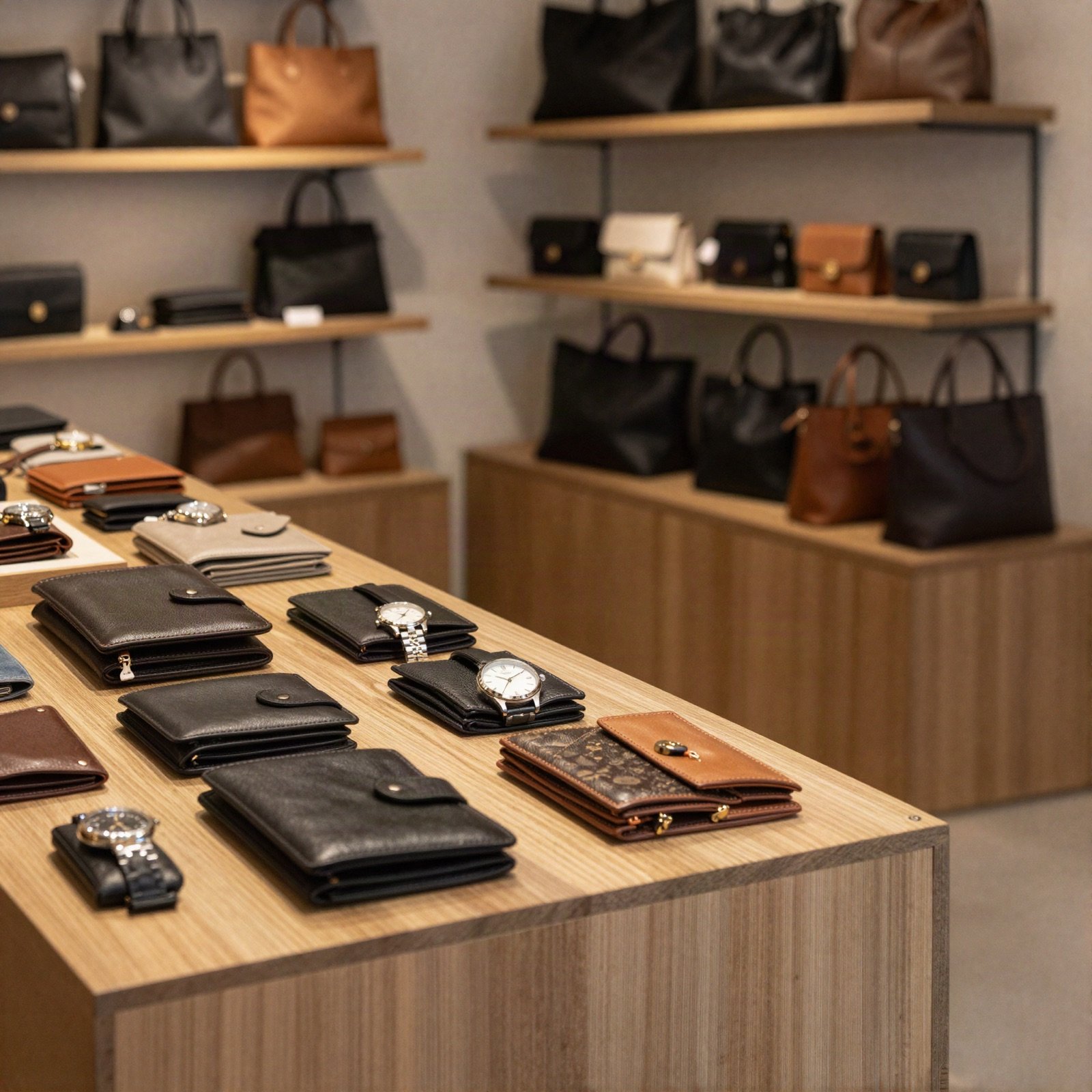 Wallets and watches on a wooden table with handbags on the shelves behind