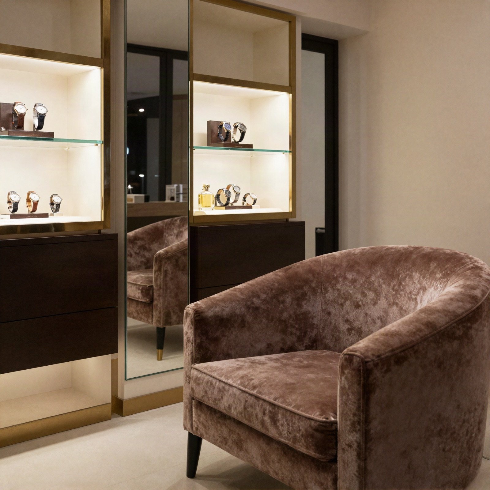 A velvet armchair beside lit display cases of watches and perfumes