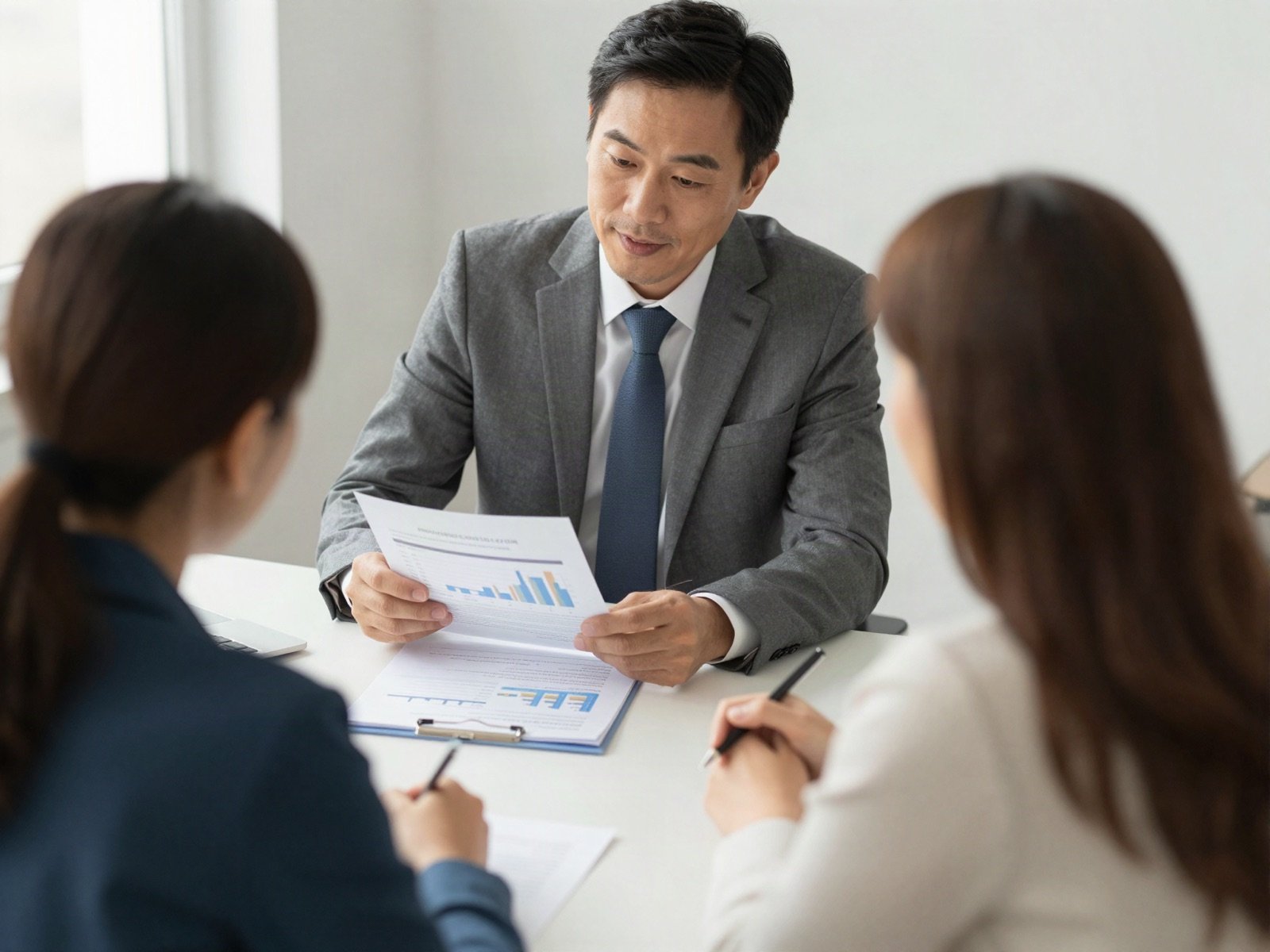 A financial advisor in a grey suit going through a plan with two clients