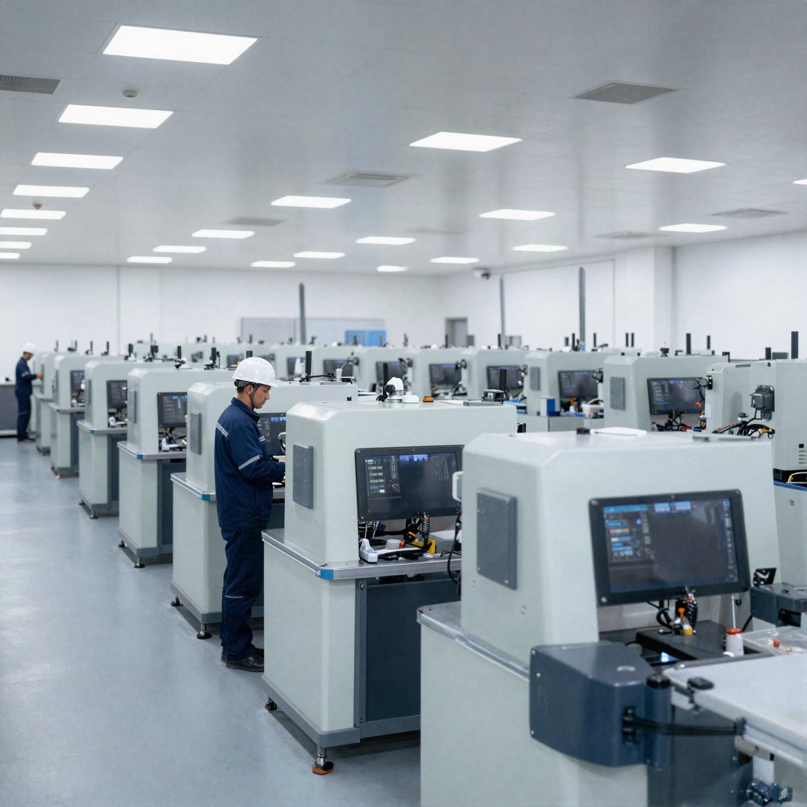 A worker in a hard hat among rows of machines on a bright factory floor