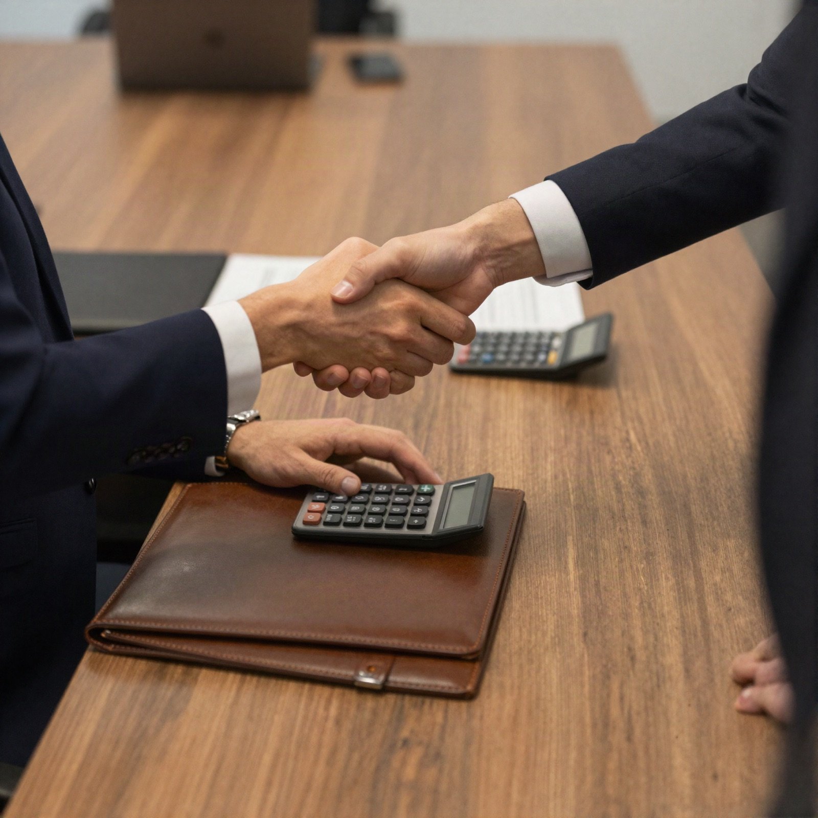 Two business people shaking hands over a table with a leather folder and calculator