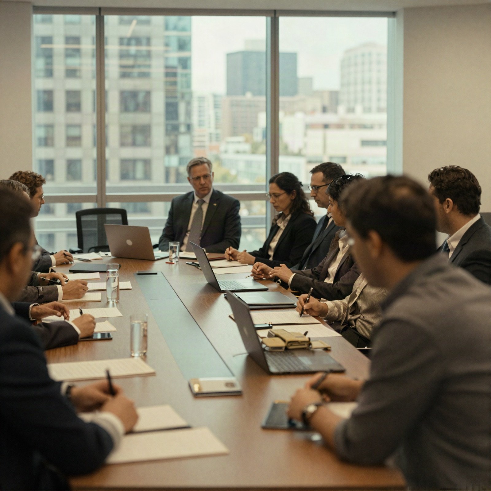 Executives in a boardroom meeting around a long table with a city view