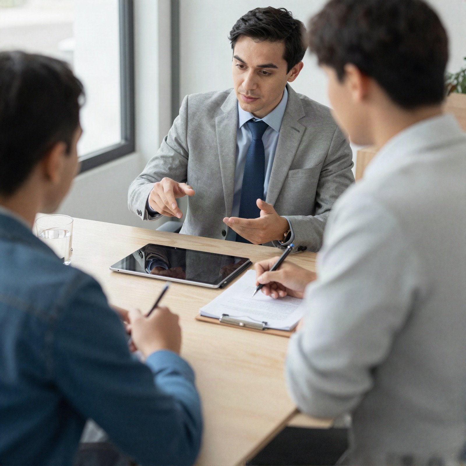 An advisor in a grey suit explaining investment options to two clients