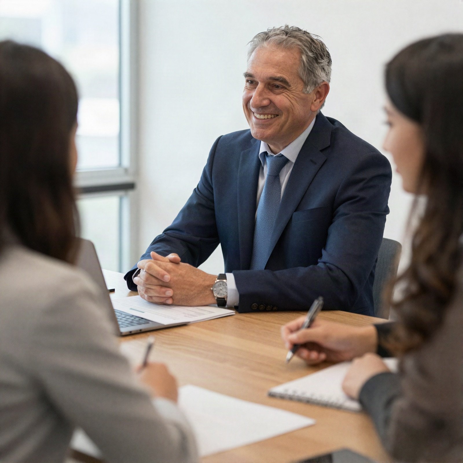 A smiling senior adviser in a navy suit meeting clients at a table