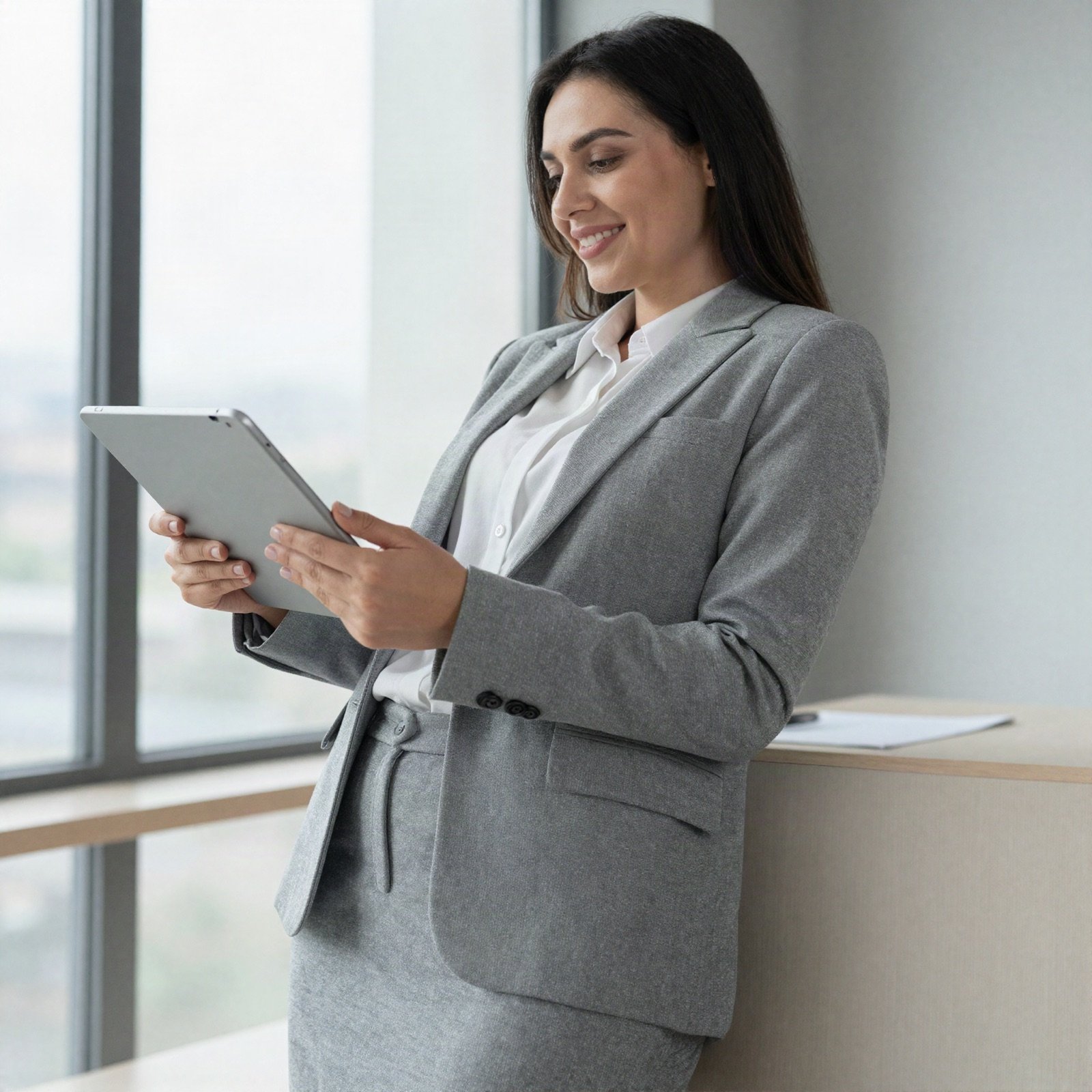 A smiling businesswoman in a grey blazer checking a tablet by an office window