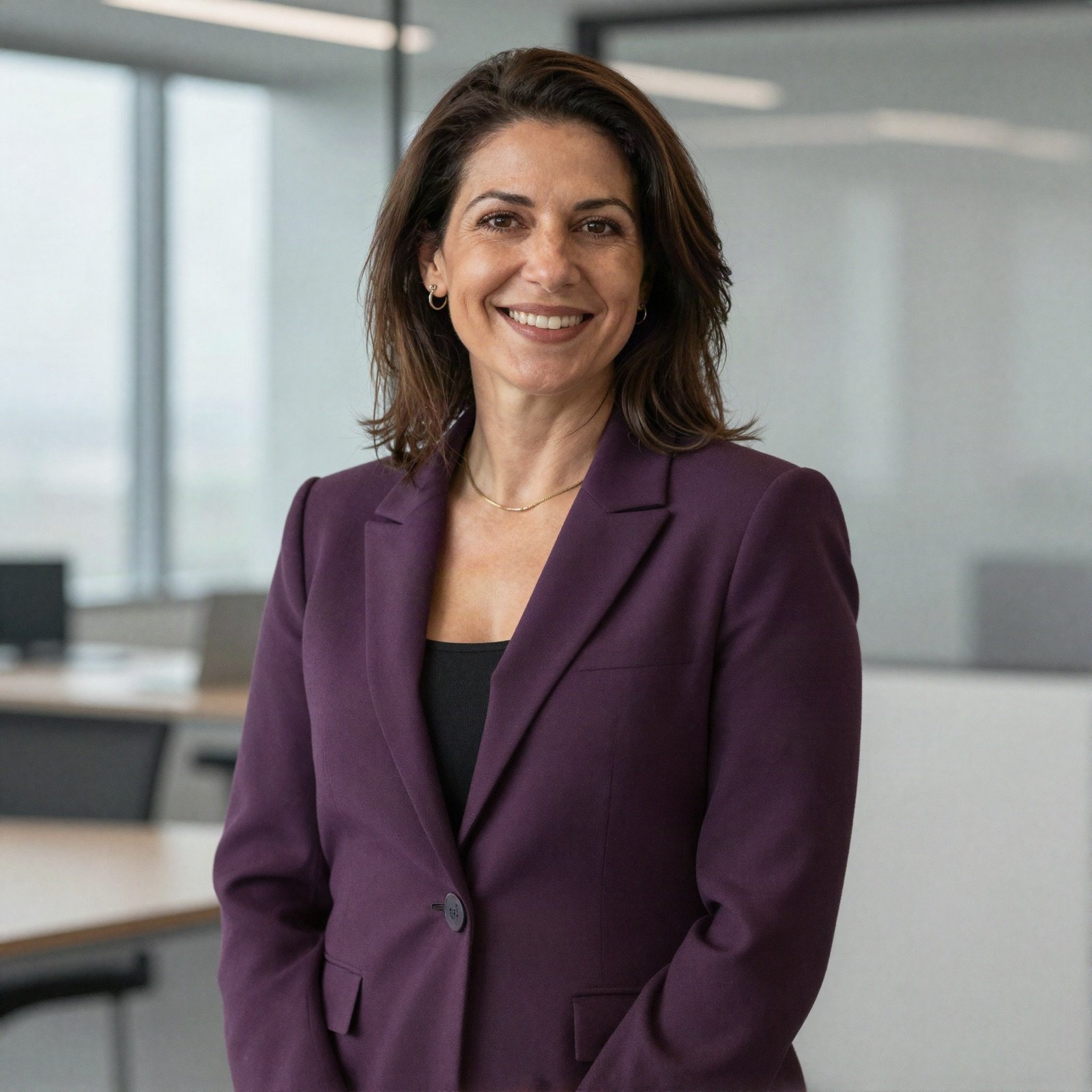 Portrait of a smiling board director in a purple blazer