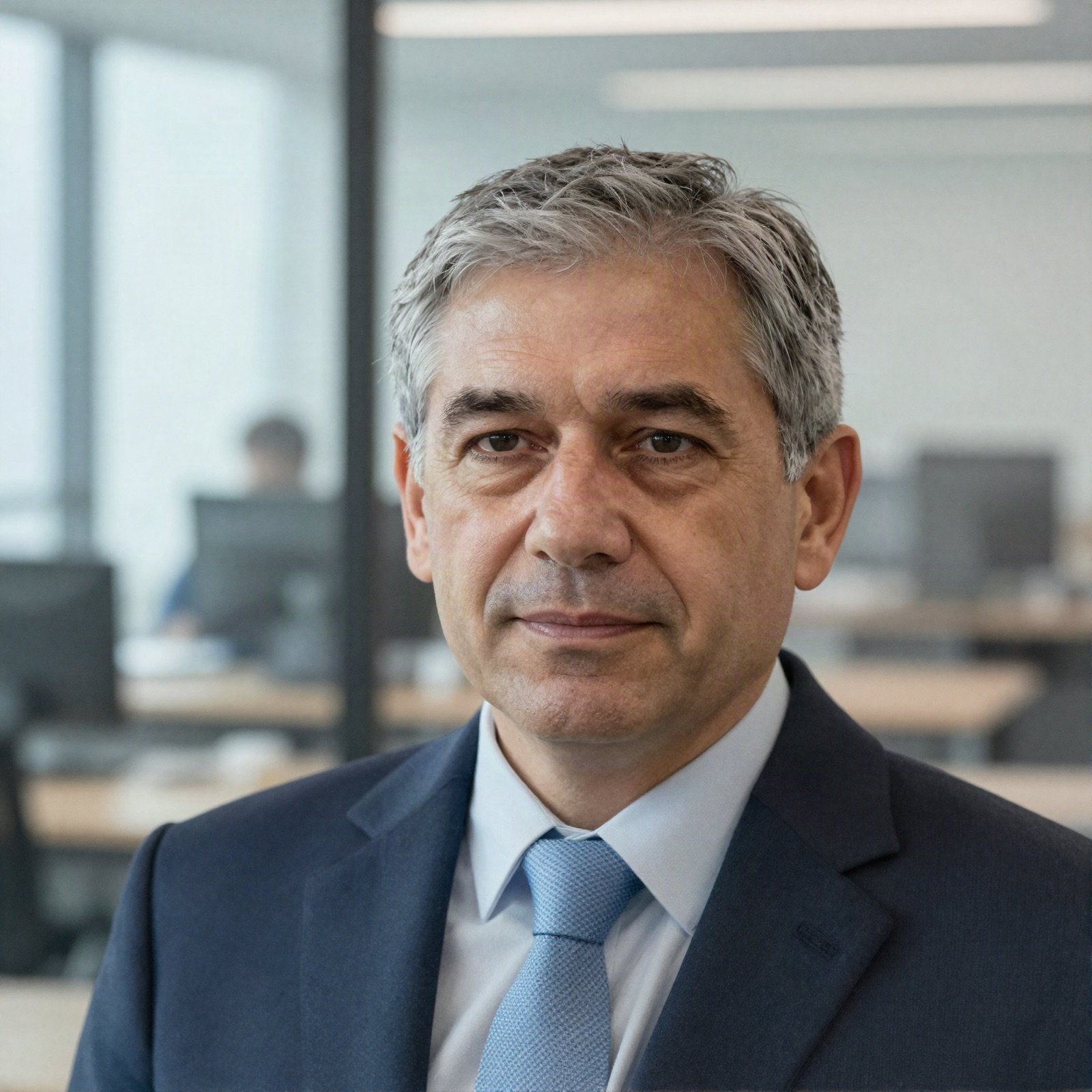 Portrait of a grey-haired board director in a navy suit