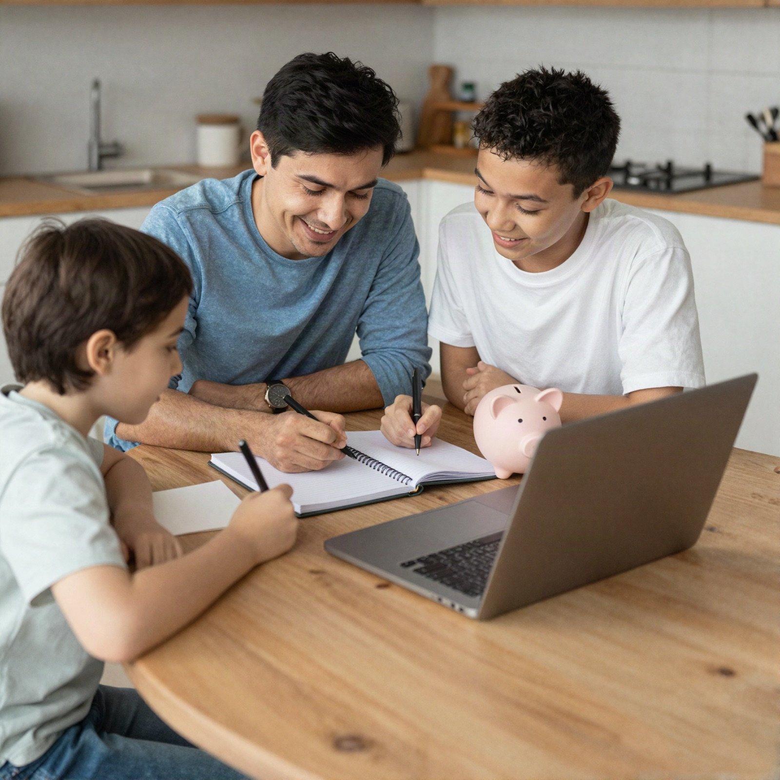 A father and two children planning savings at a kitchen table with a piggy bank