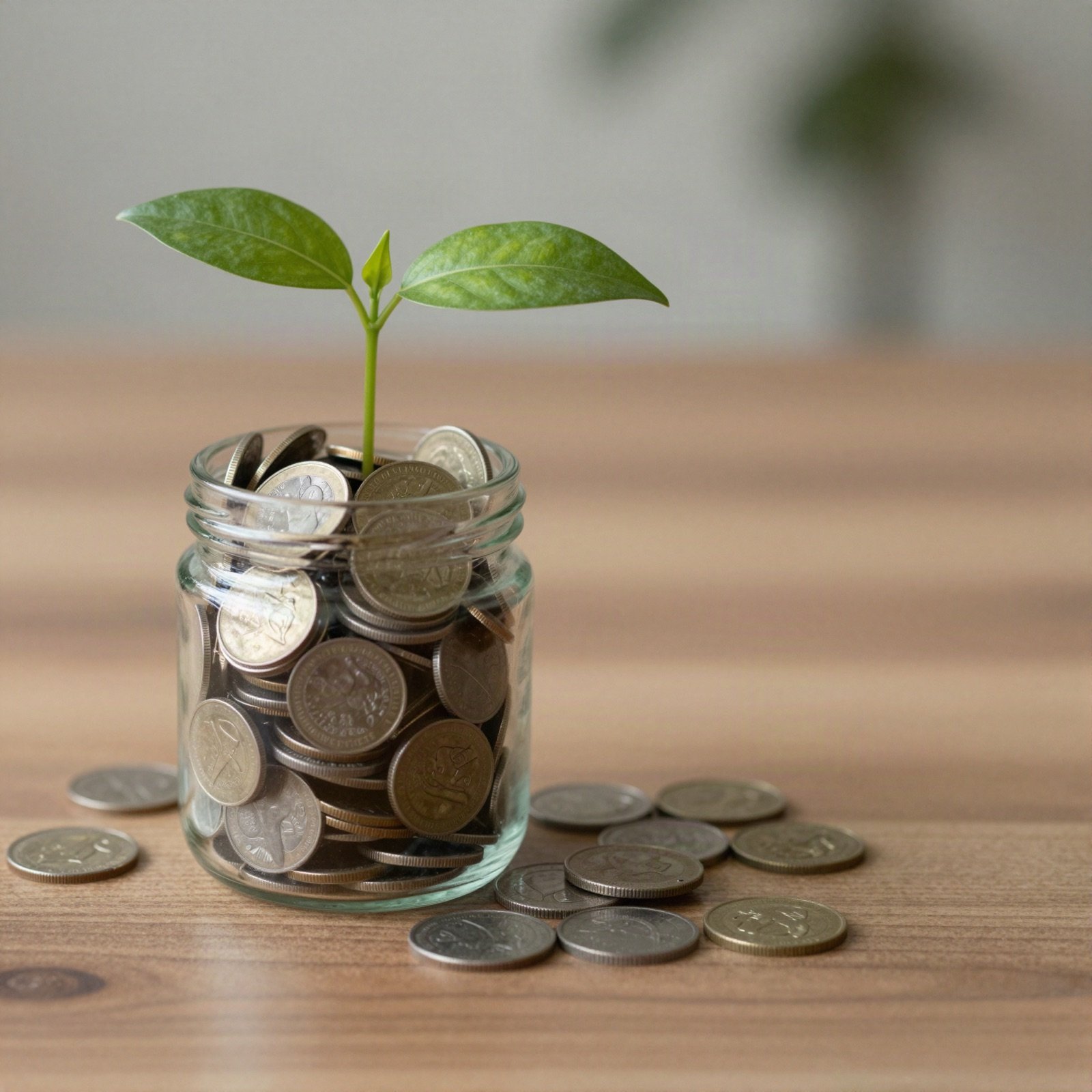 A green seedling growing from a glass jar full of coins