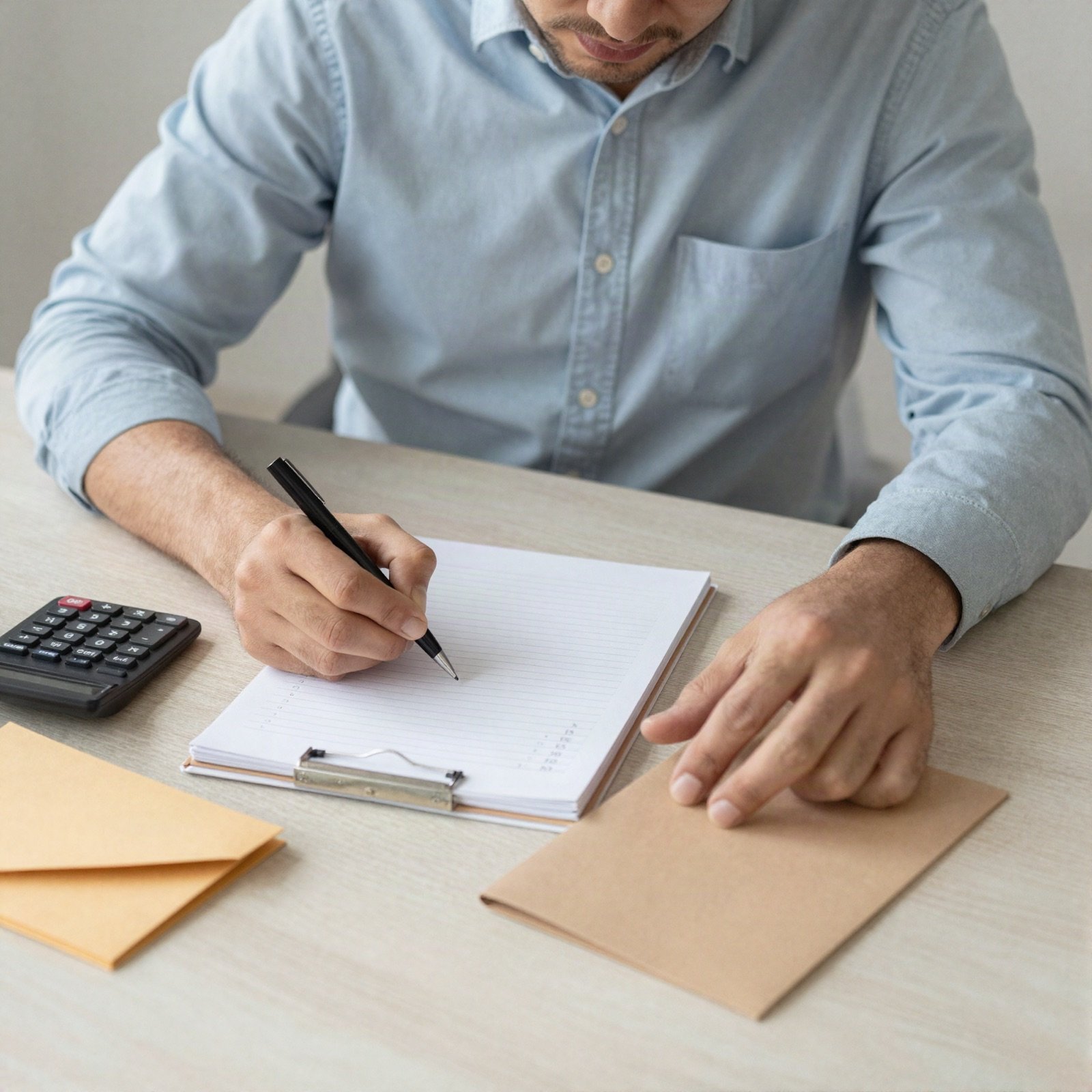 A man ticking off a checklist at a desk beside a calculator and envelopes