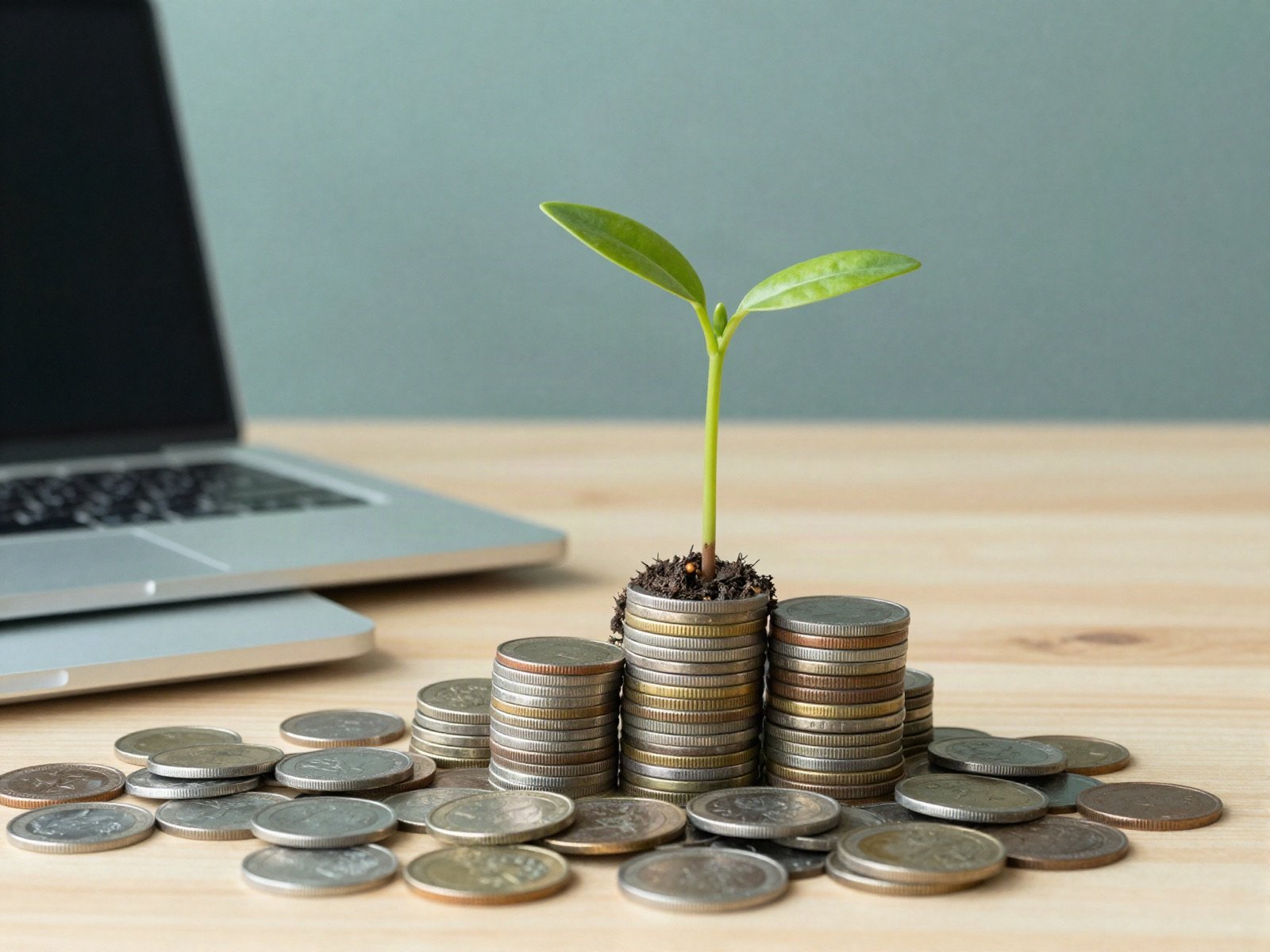 A seedling growing from a stack of coins beside a laptop