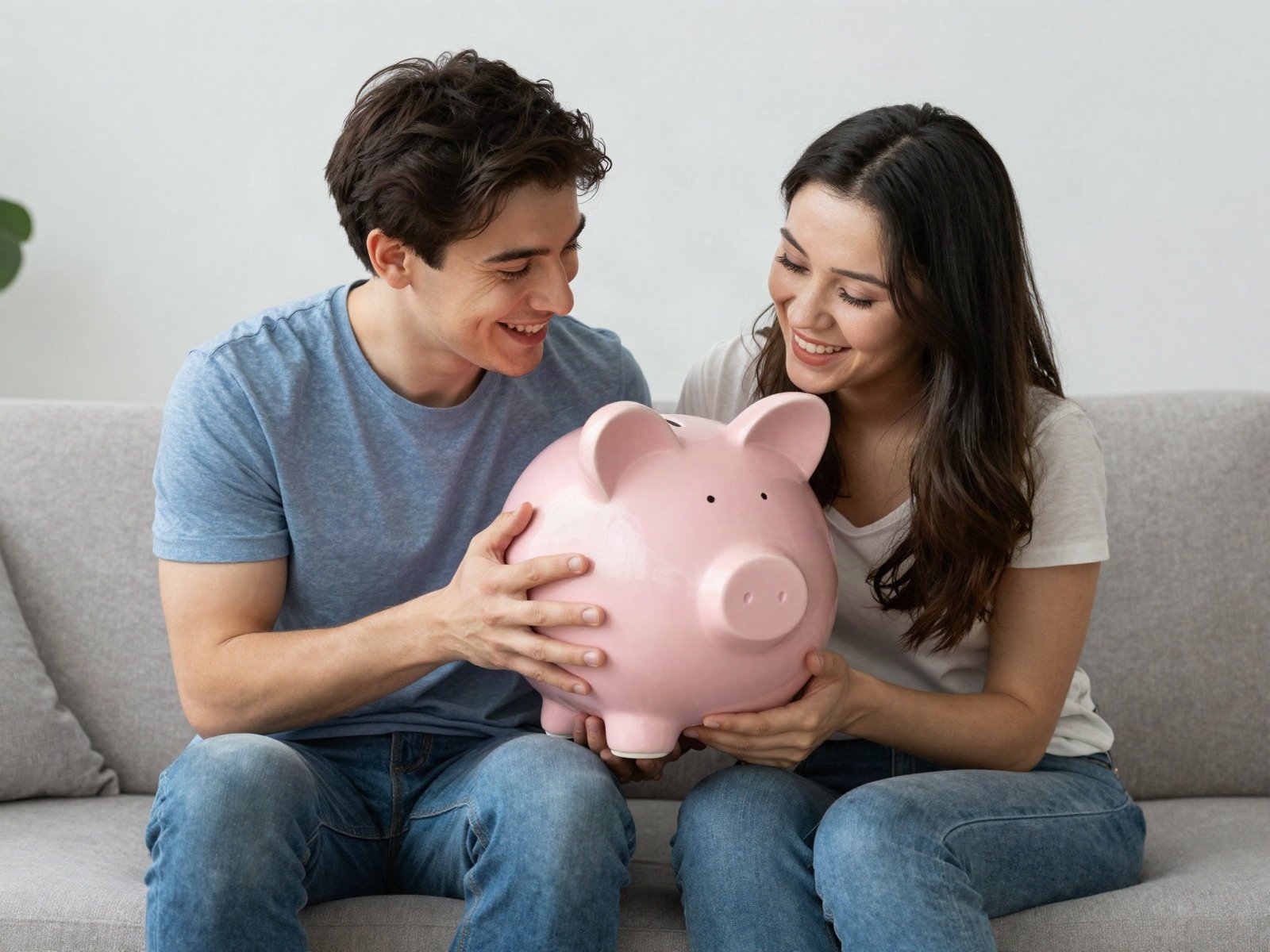 A happy couple holding a pink piggy bank on their sofa