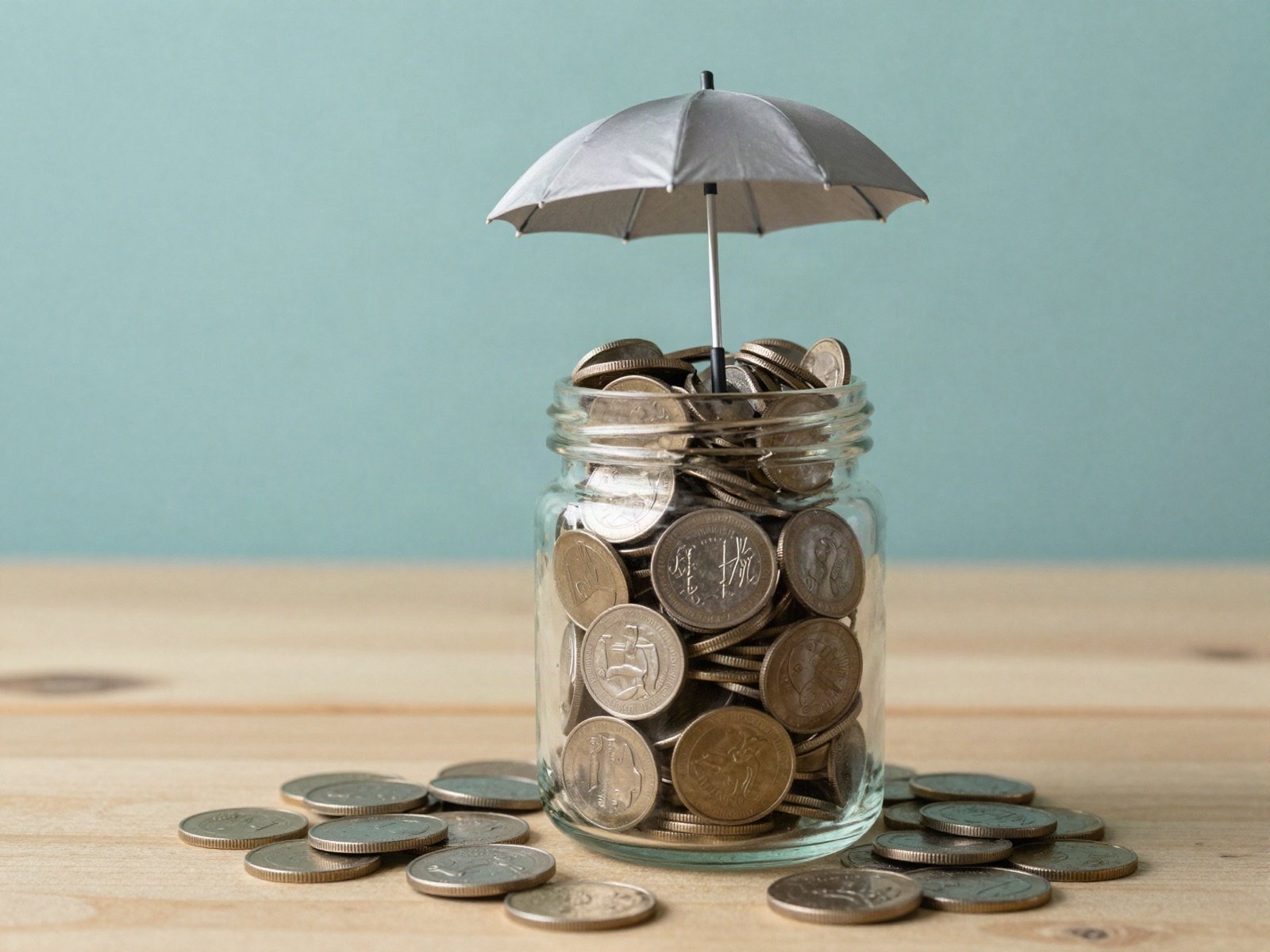 A jar of coins sheltered by a small umbrella