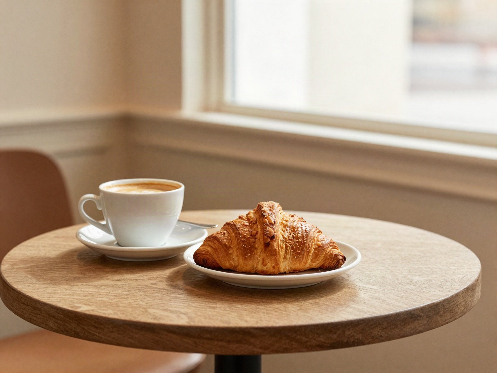 قهوة وكرواسون على طاولة مقهى صغيرة بجانب النافذة
