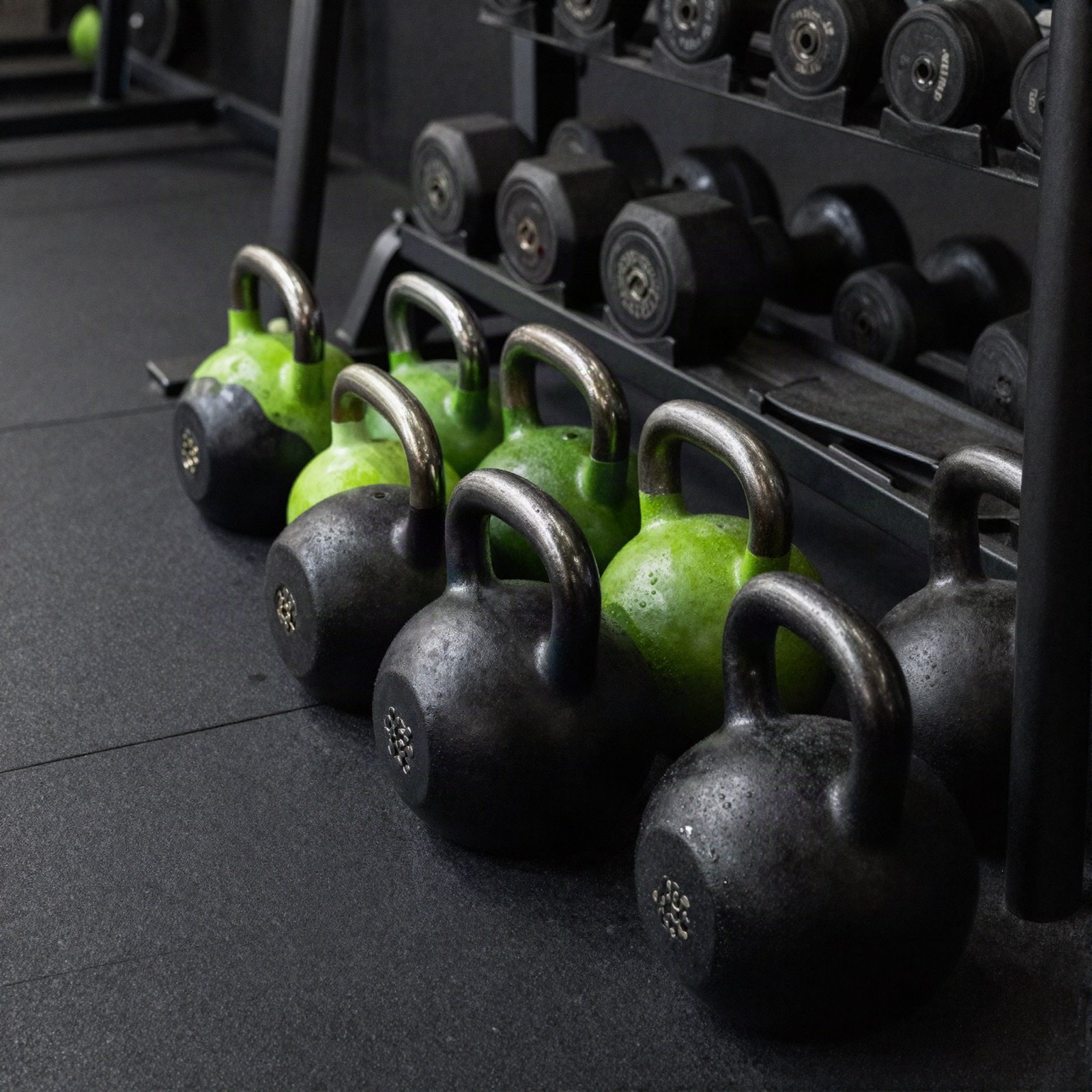 Kettlebells and dumbbells on a rack under green light