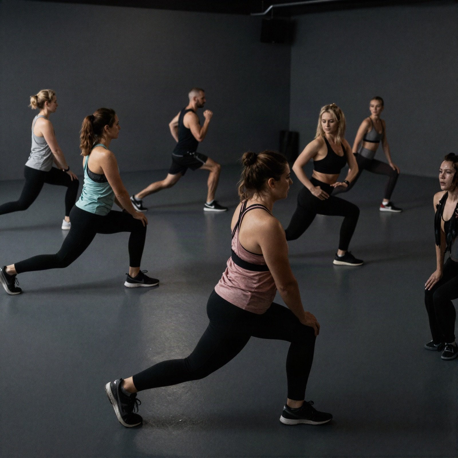 Group class doing lunges in a dark studio