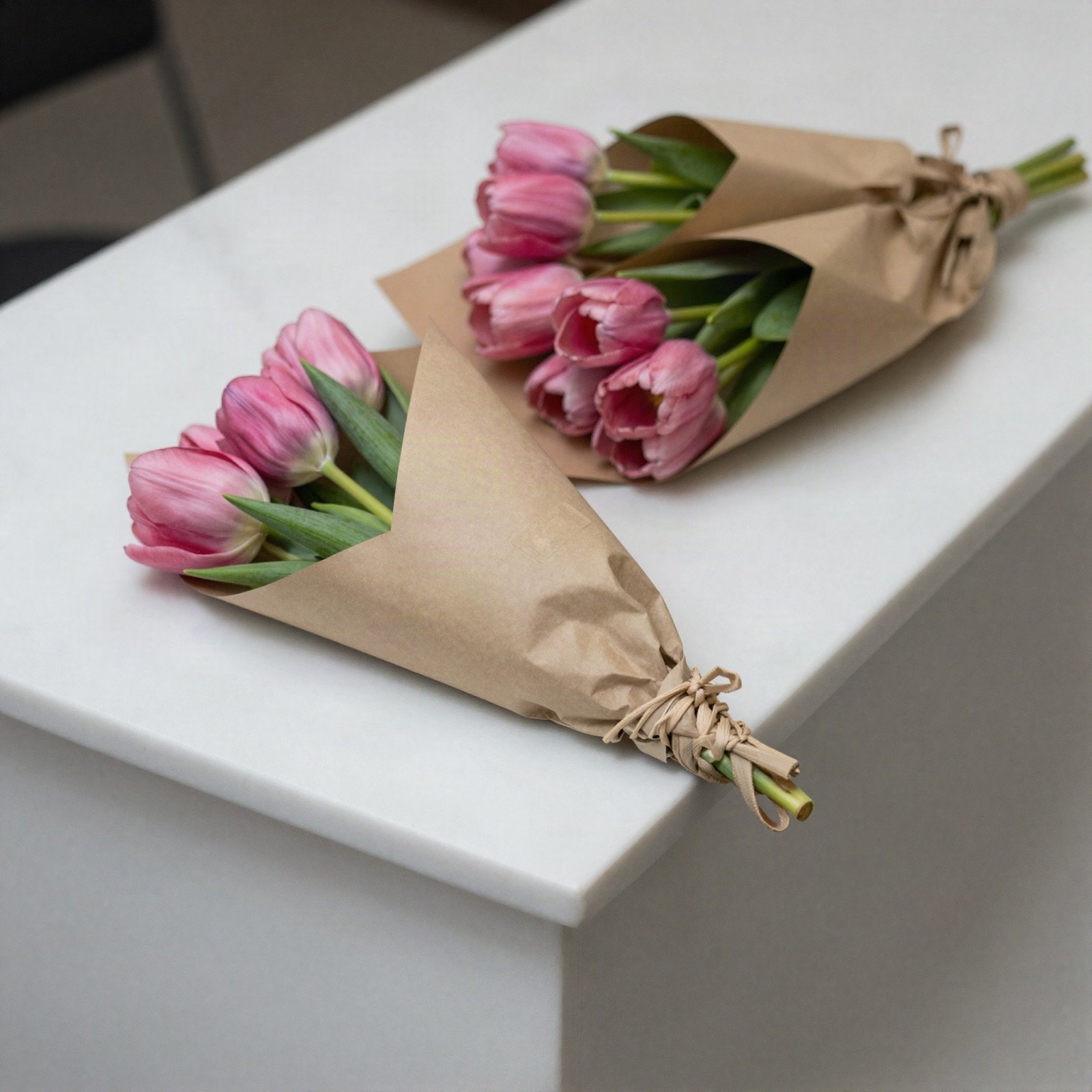 Pink tulip bouquets wrapped in kraft paper on a marble counter