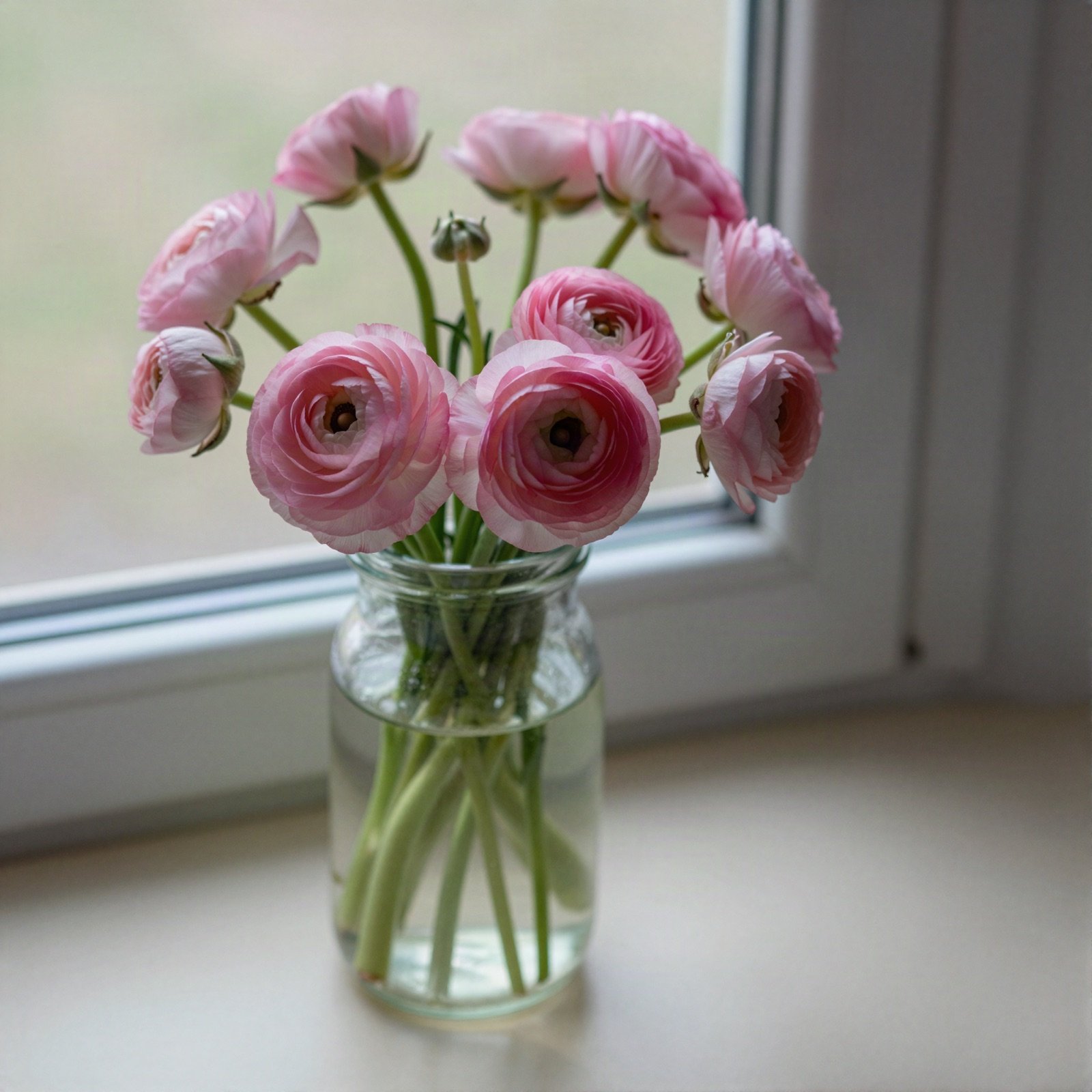 Pink ranunculus in a glass jar on a windowsill