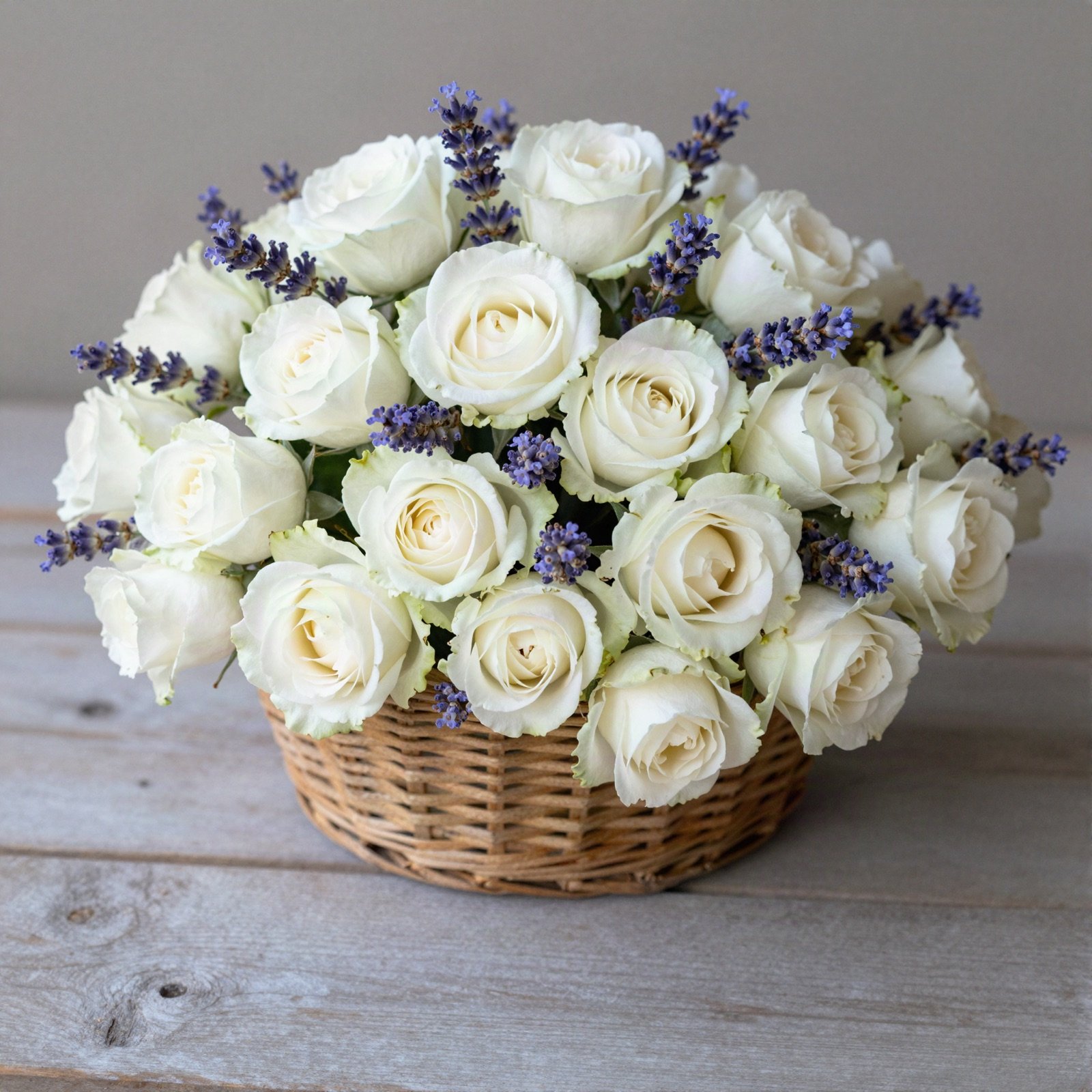 A basket of white roses and lavender