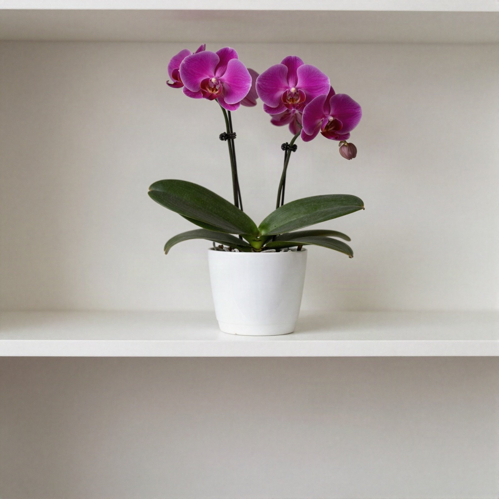 A magenta orchid in a white ceramic pot