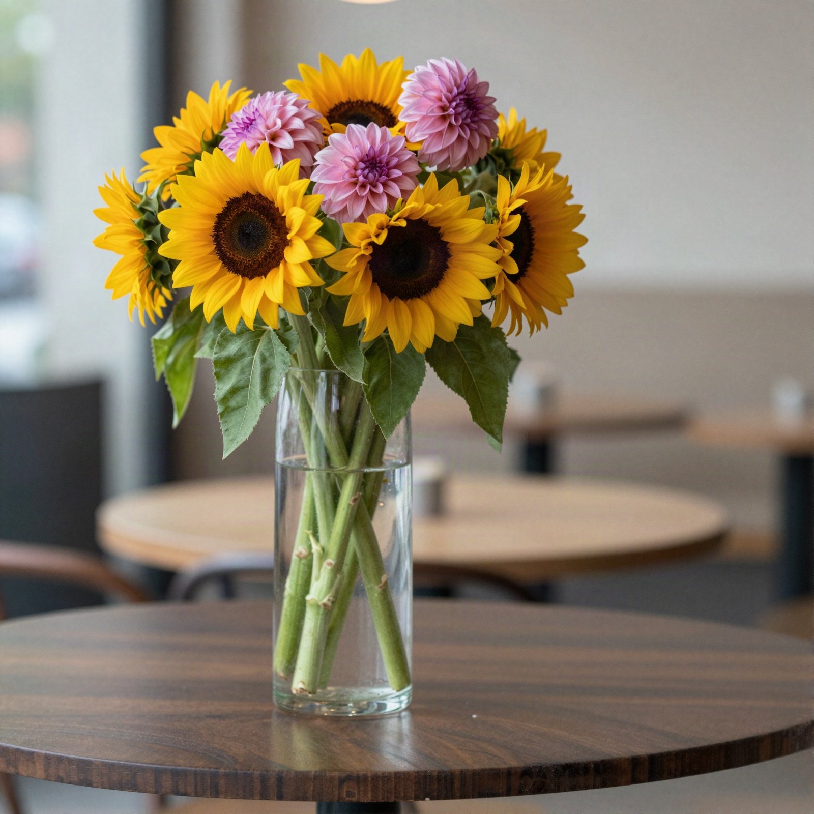 Sunflowers and pink dahlias in a tall glass vase
