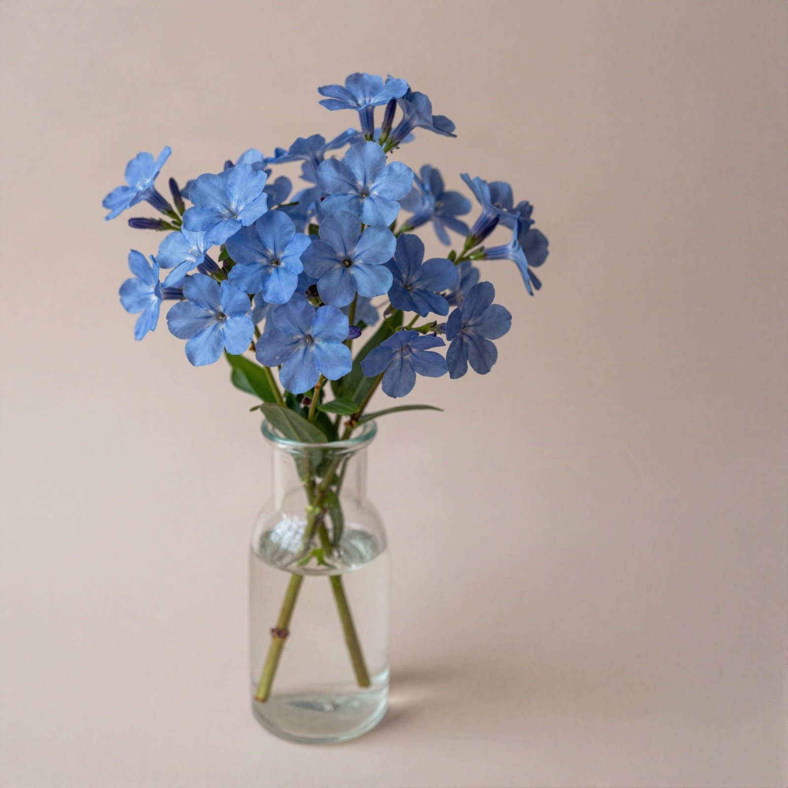 Periwinkle blue flowers in a small glass bottle vase