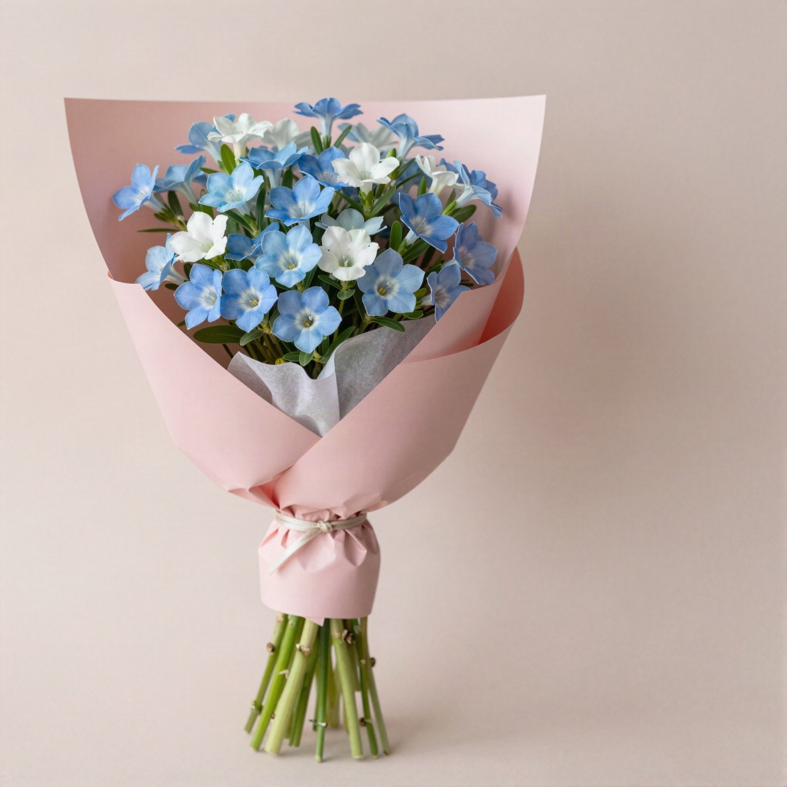 Bouquet of periwinkle blue and white flowers wrapped in pink paper