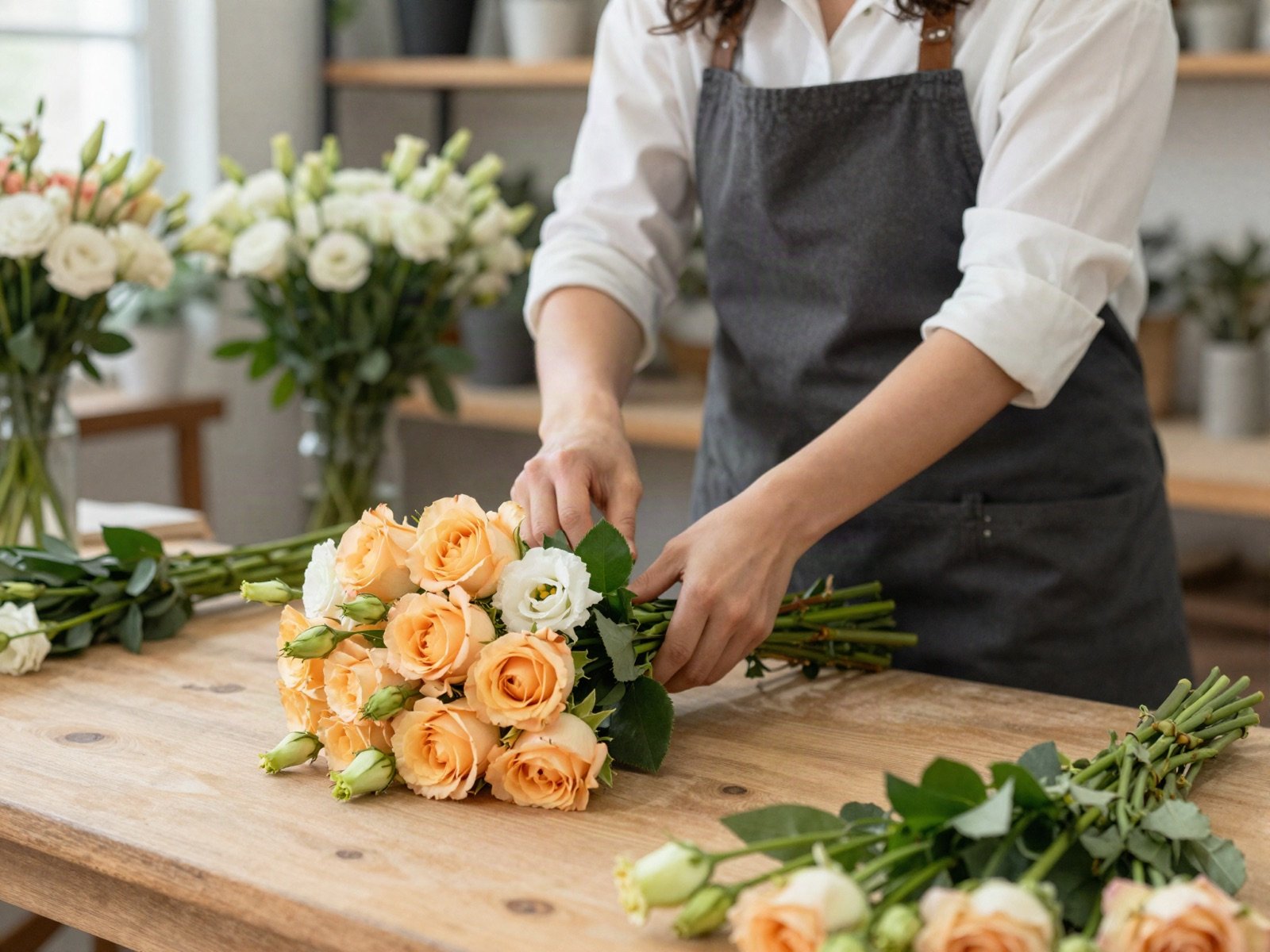 A florist's hands tying peach roses and white lisianthus on a wooden workbench