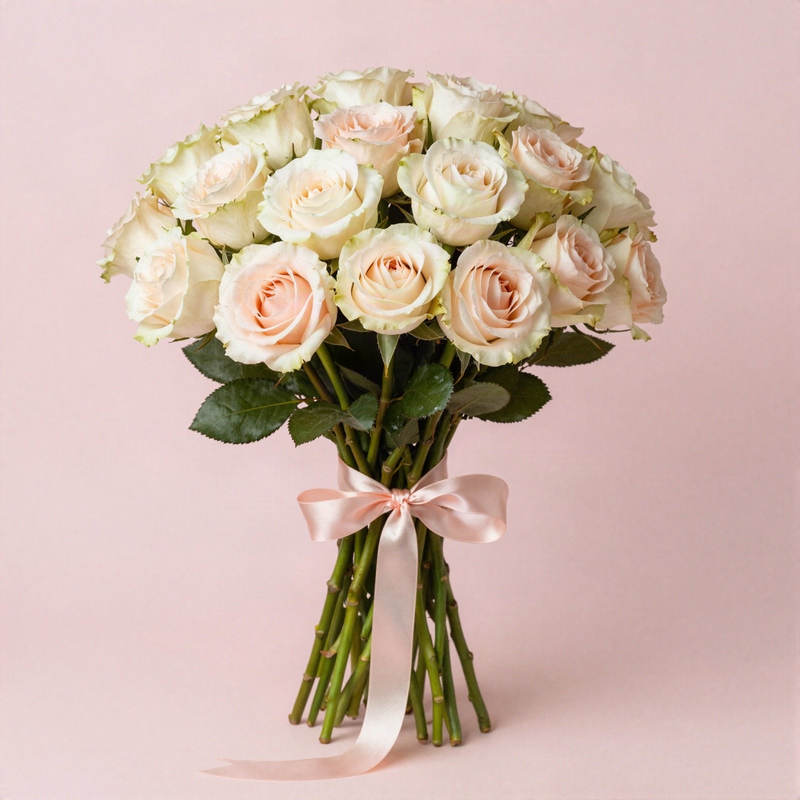 A bouquet of blush and cream garden roses tied with a satin ribbon