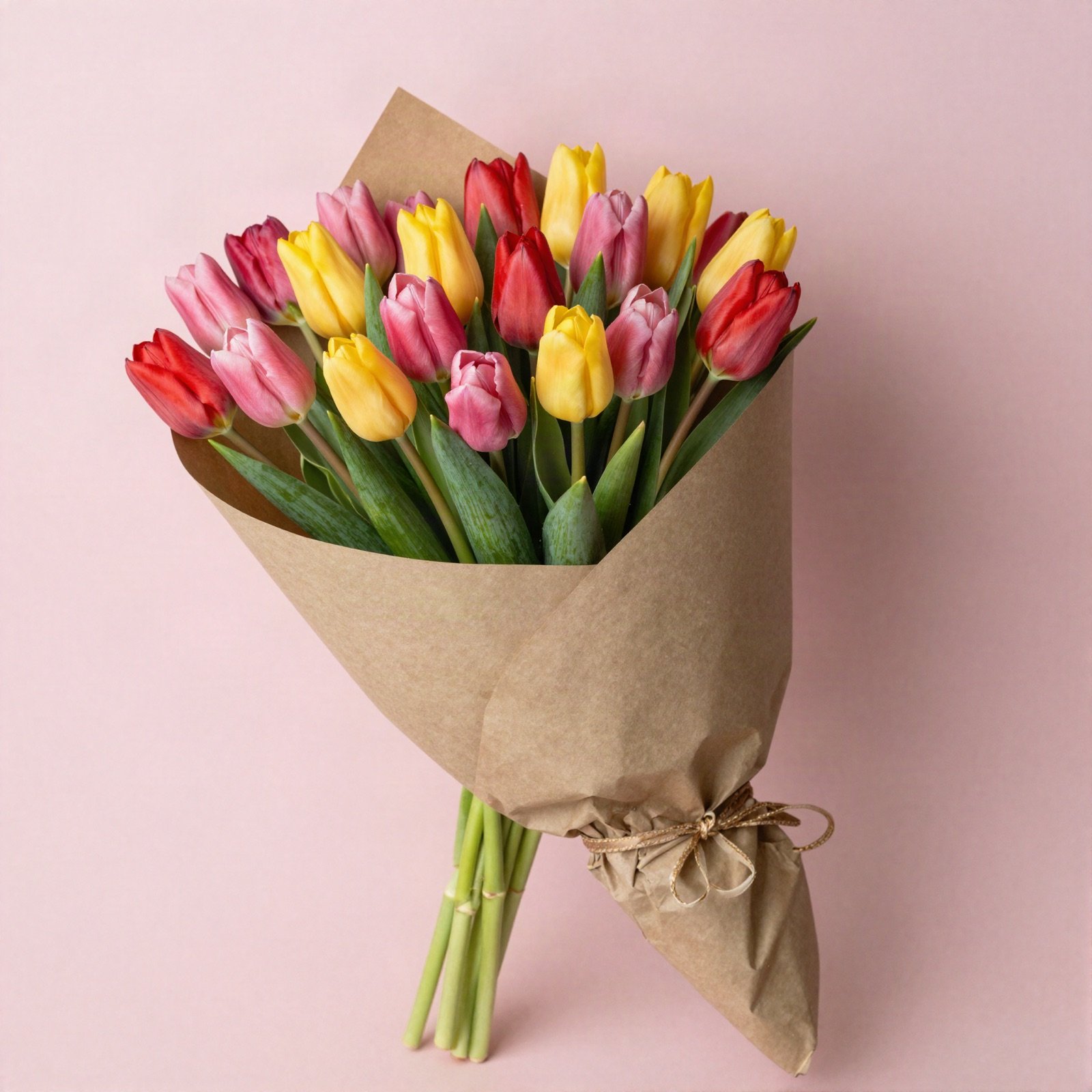 A bouquet of pink, yellow and red tulips wrapped in kraft paper