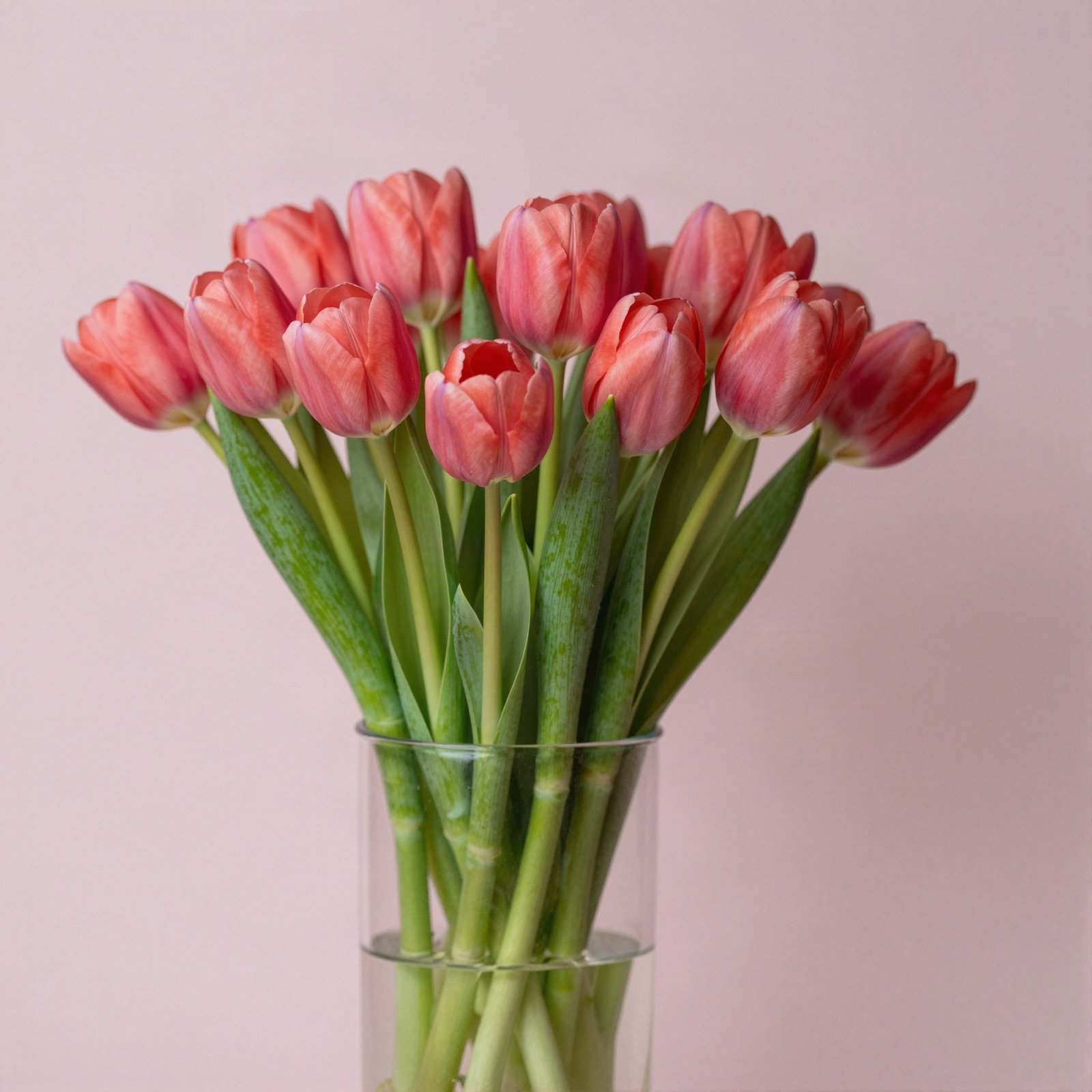 Coral pink tulips in a clear glass vase