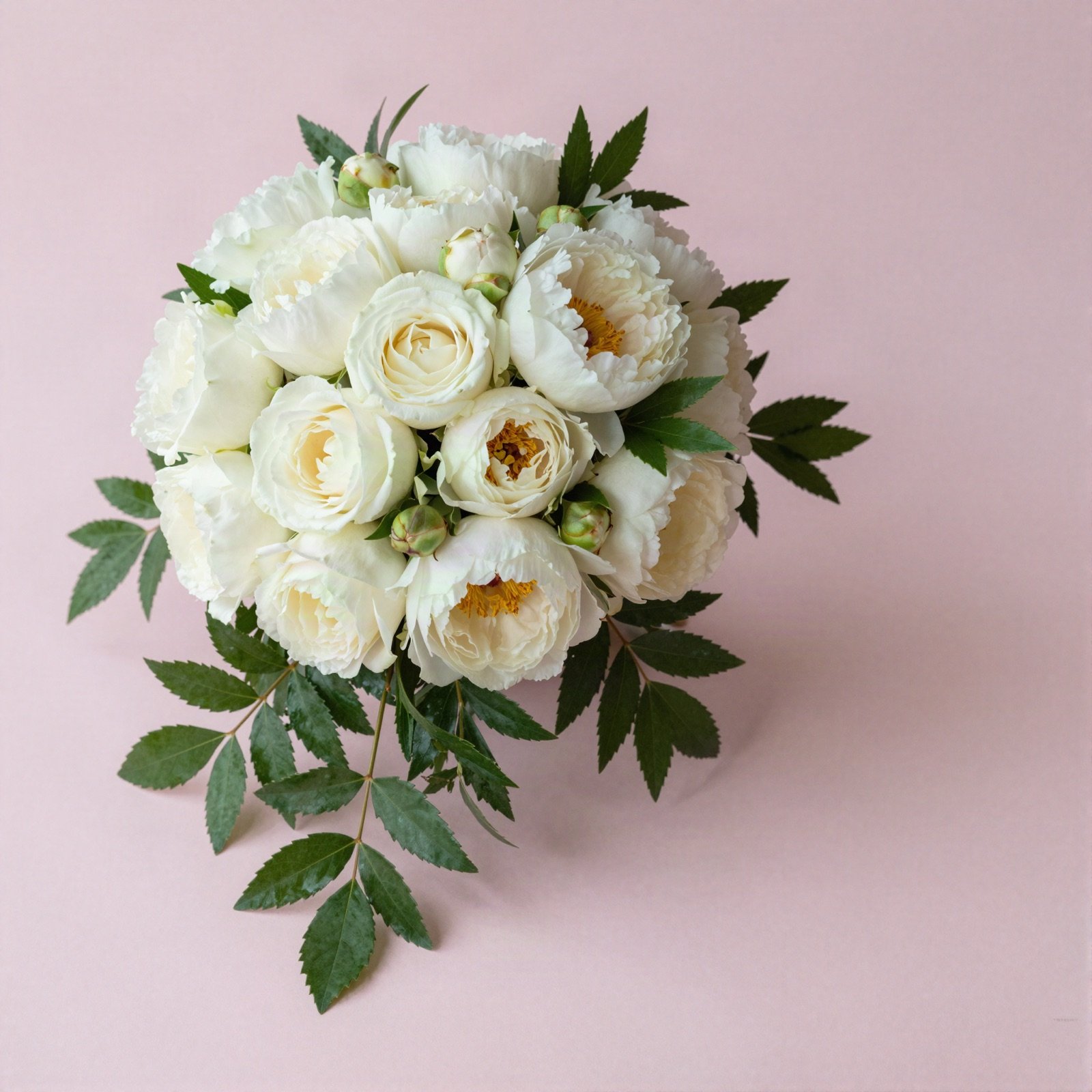 A bridal bouquet of white roses and peonies with trailing greenery