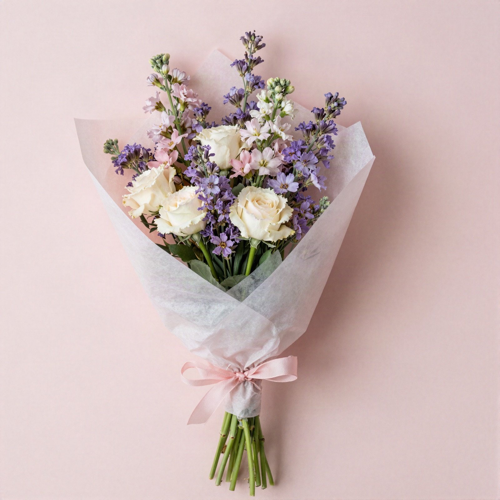 A petite posy of lavender, pale pink and cream flowers in tissue paper