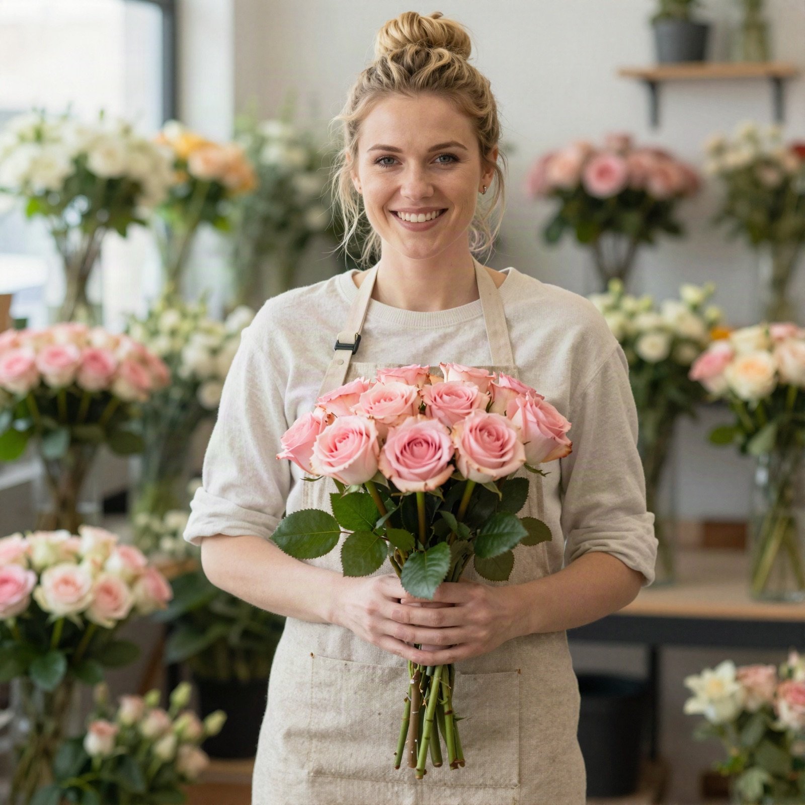 A smiling florist with a blonde bun holding pink roses