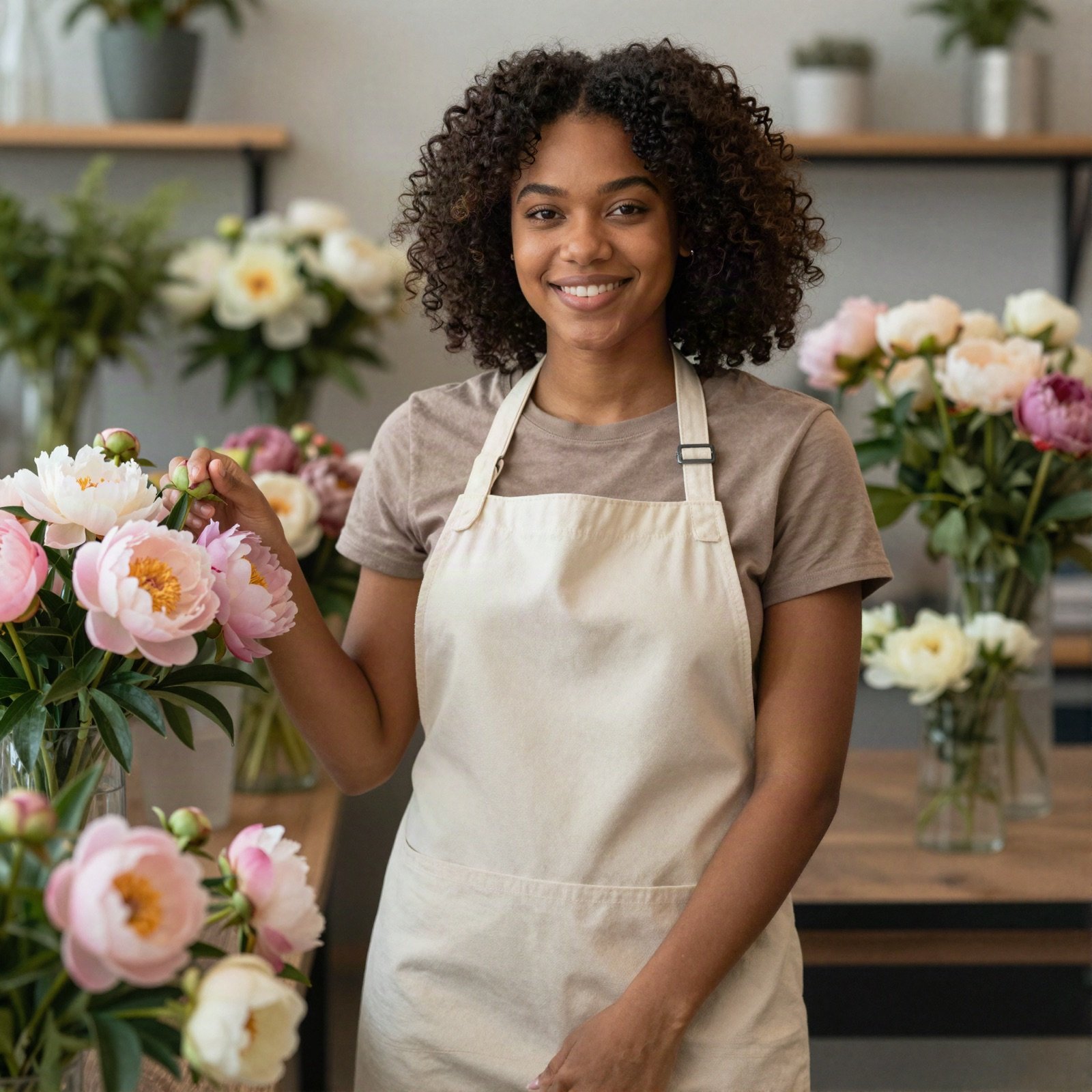 A smiling florist with curly hair beside pink peonies