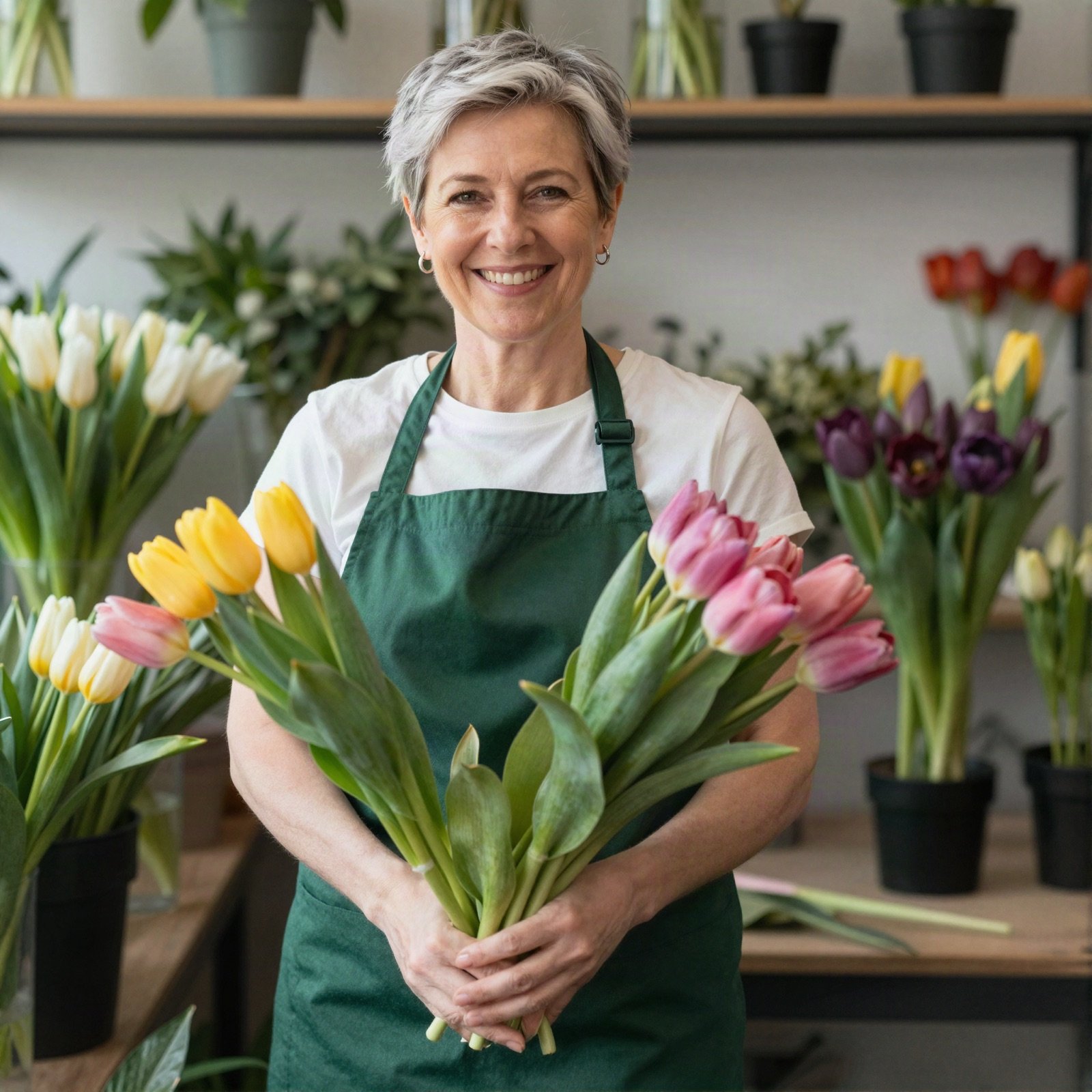 A smiling grey-haired florist in a green apron holding tulips