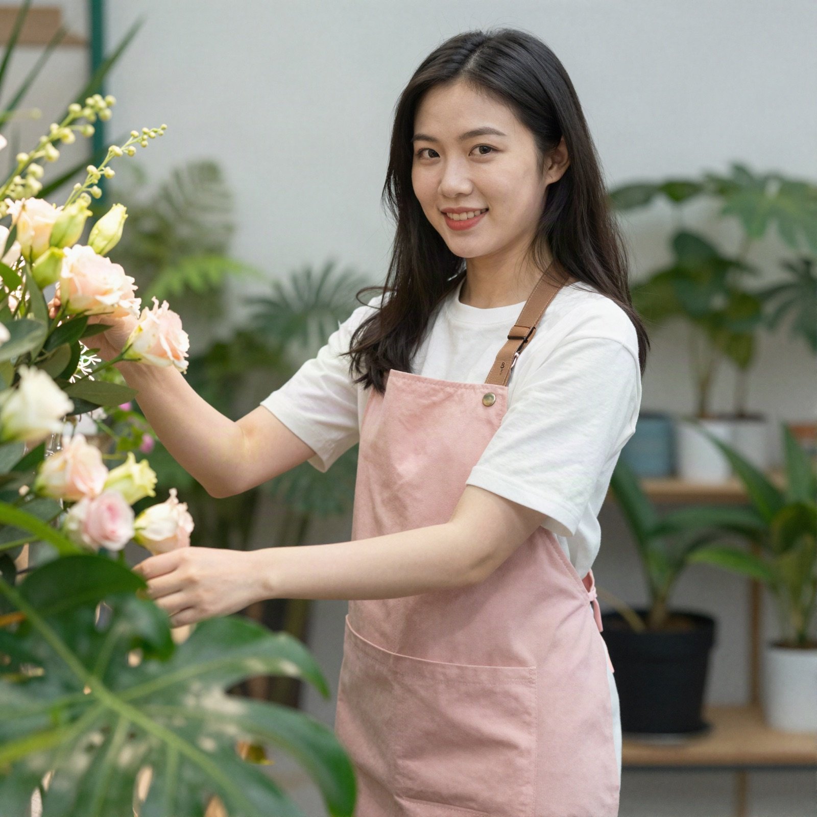 A smiling florist in a blush apron arranging flowers