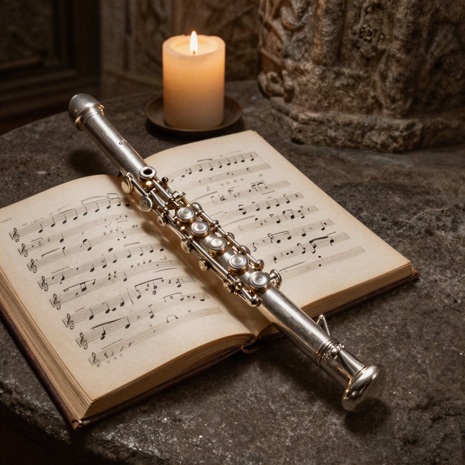Silver flute on an open book of sheet music beside a candle in a stone chapel