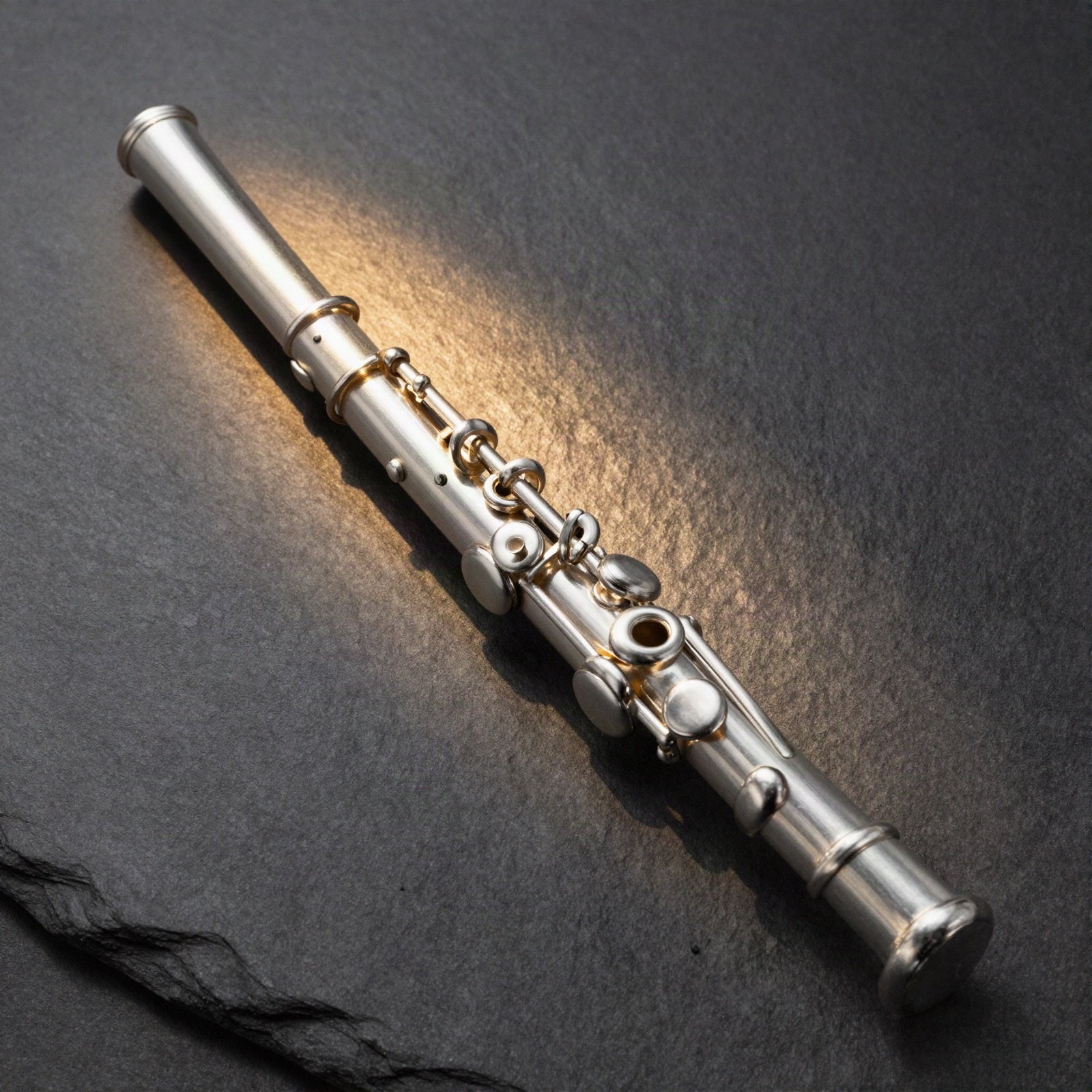 Silver flute on dark slate in a beam of golden light