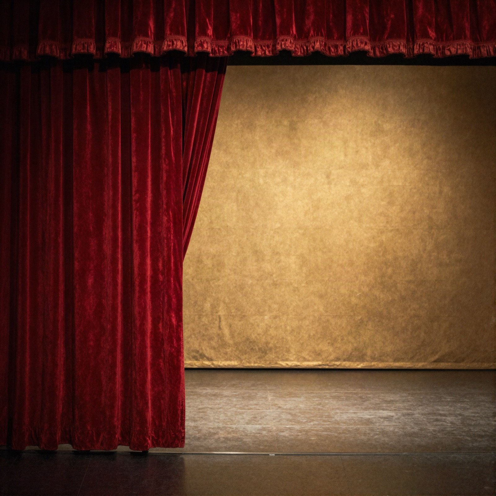 Red velvet curtain beside an empty stage in golden light