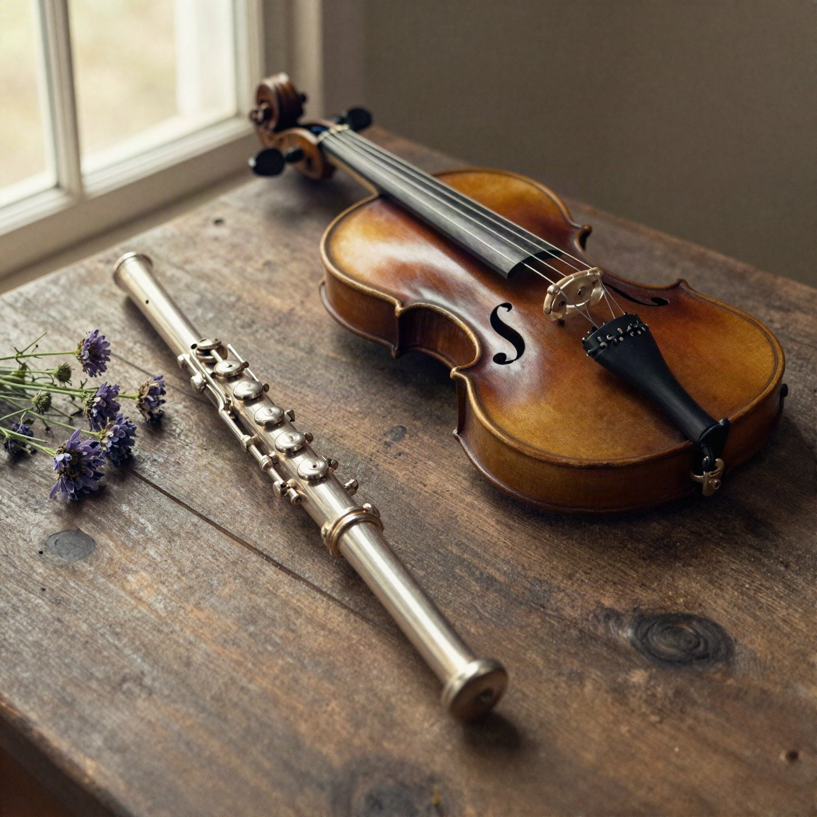 Silver flute beside a violin and wildflowers on a wooden table