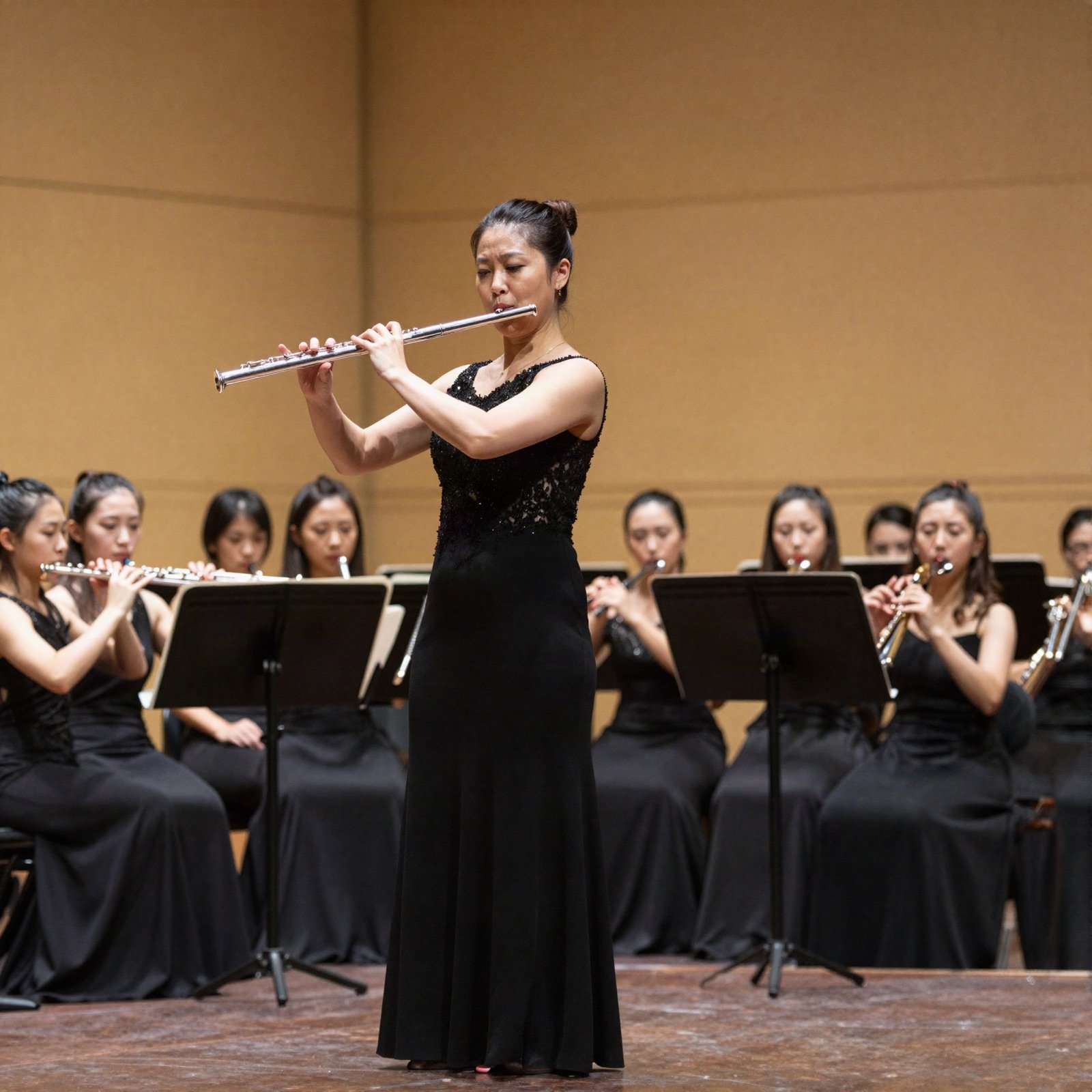 Flautist performing a solo in front of an ensemble
