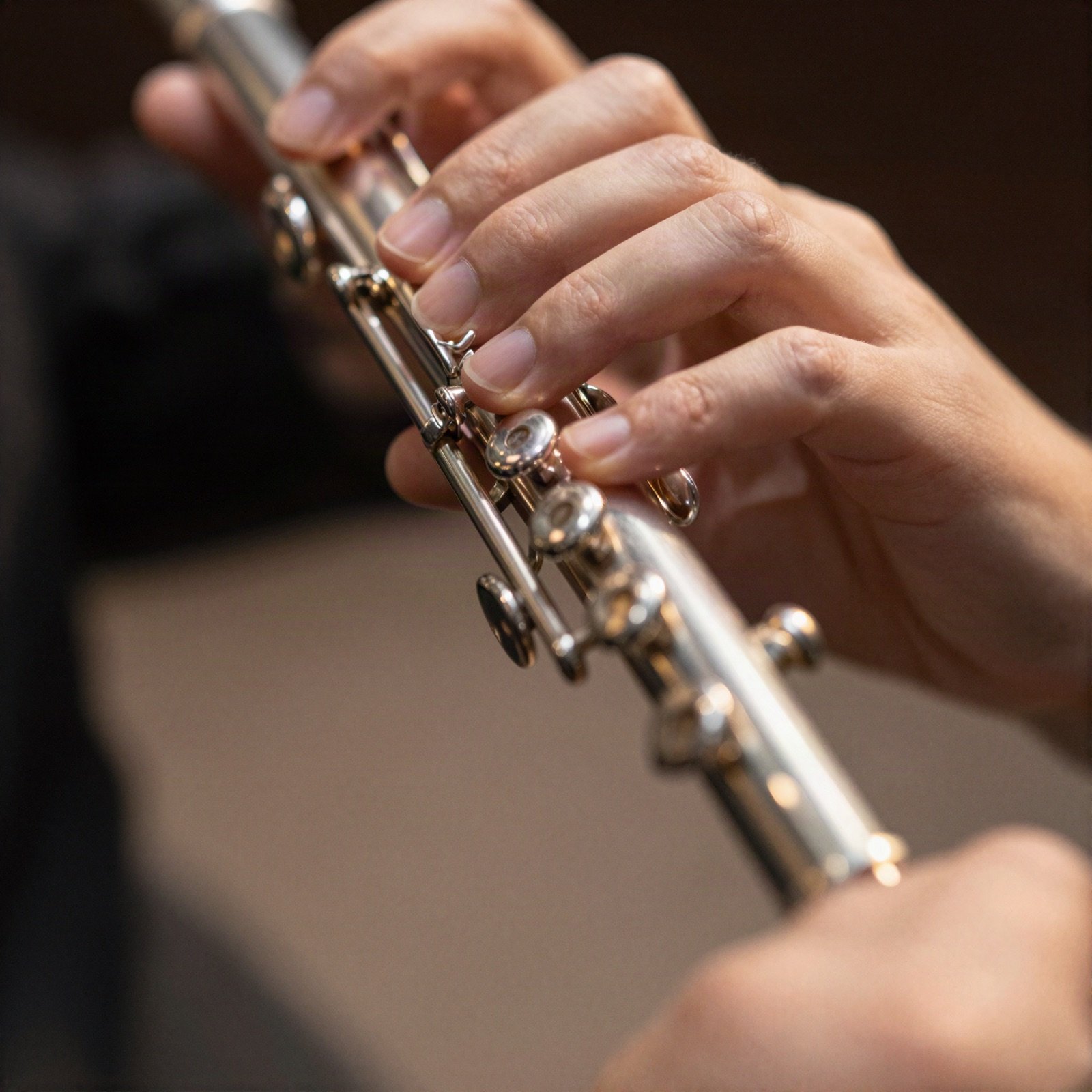 Close-up of fingers on the keys of a silver flute