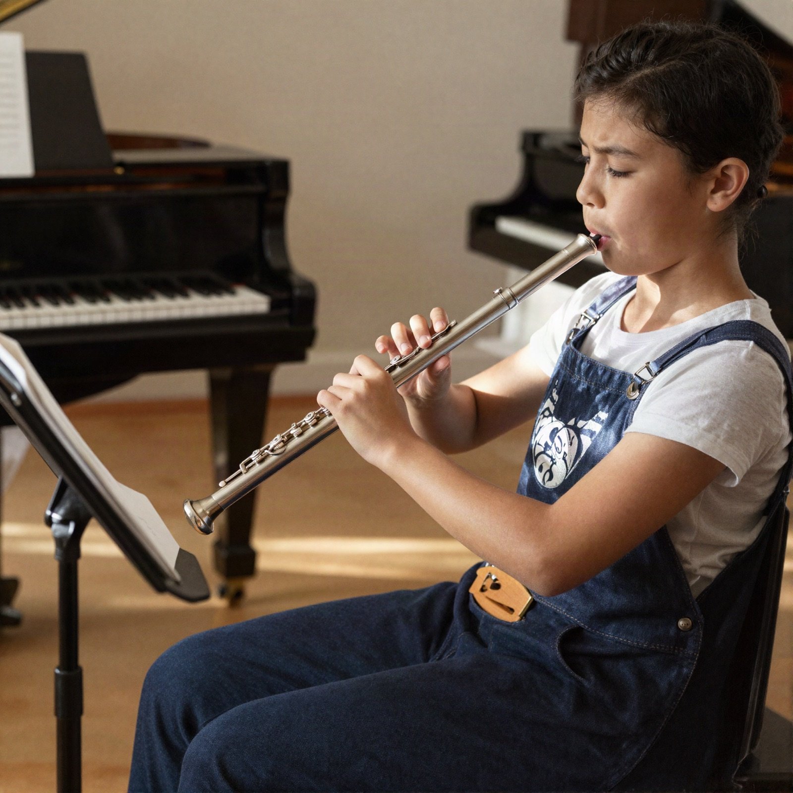 Young student practising the flute in a music room