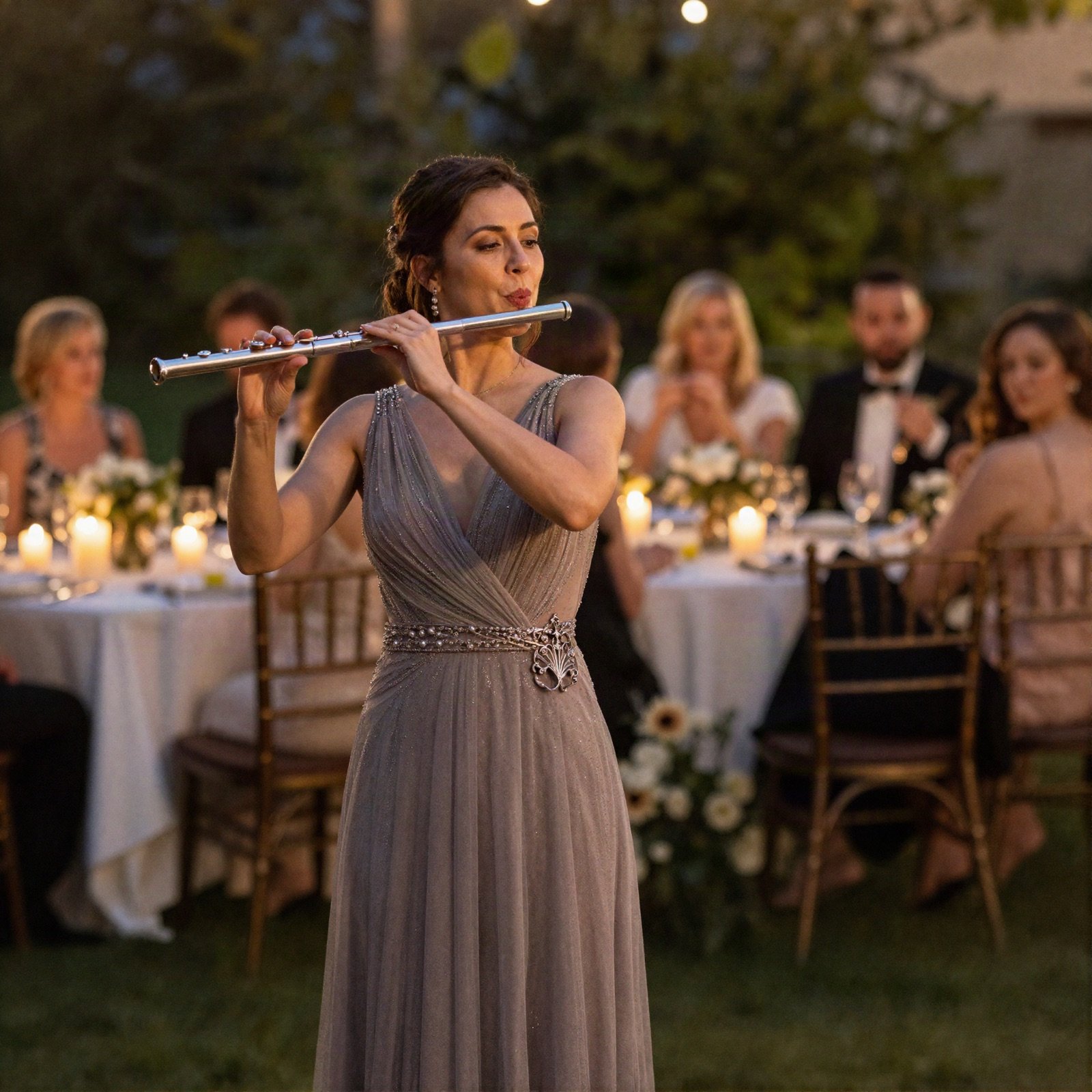 Flautist performing at a candlelit garden wedding dinner