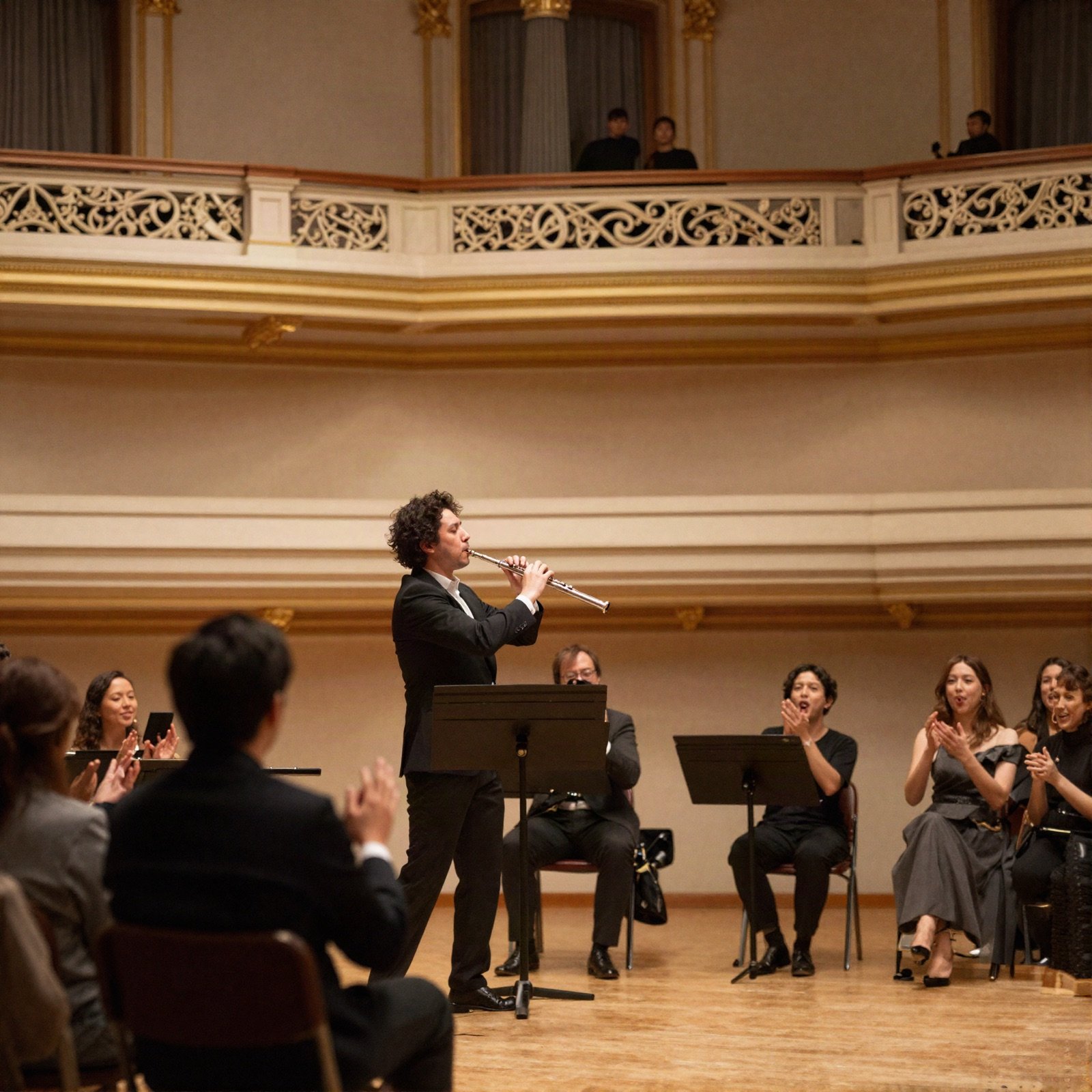 Flautist performing in an ornate recital hall as the audience applauds