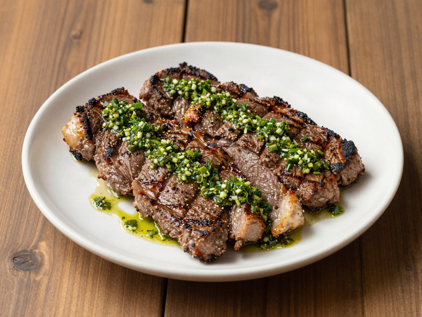 Grilled flank steak topped with green chimichurri