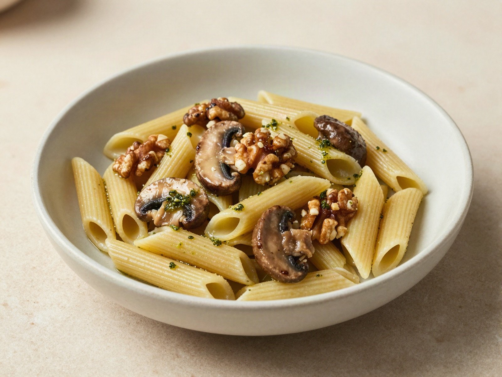Penne with mushrooms, walnuts and pesto in a white bowl